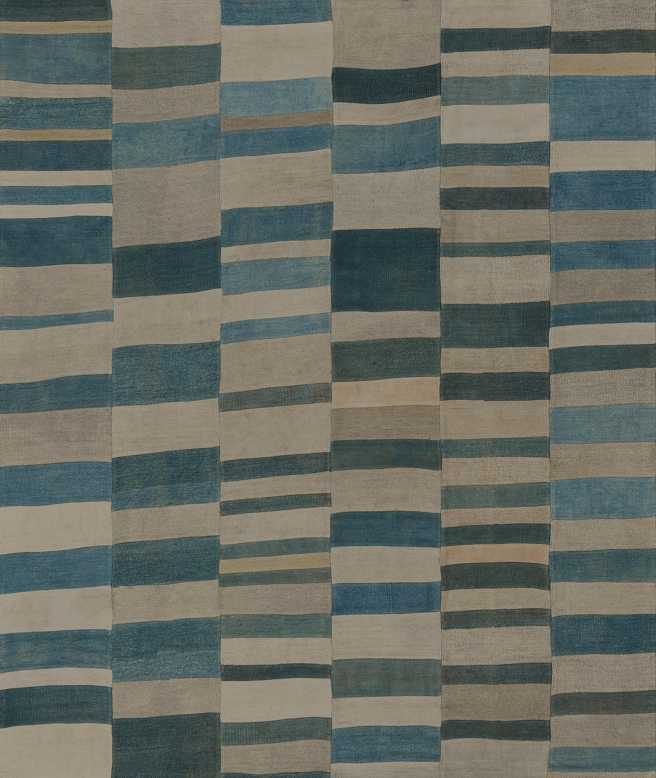 Handwoven Contemporary Wool Blue and Ivory Flatweave Rug For Sale