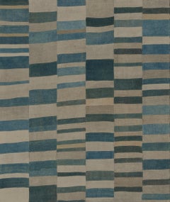 Handwoven Contemporary Wool Blue and Ivory Flatweave Rug