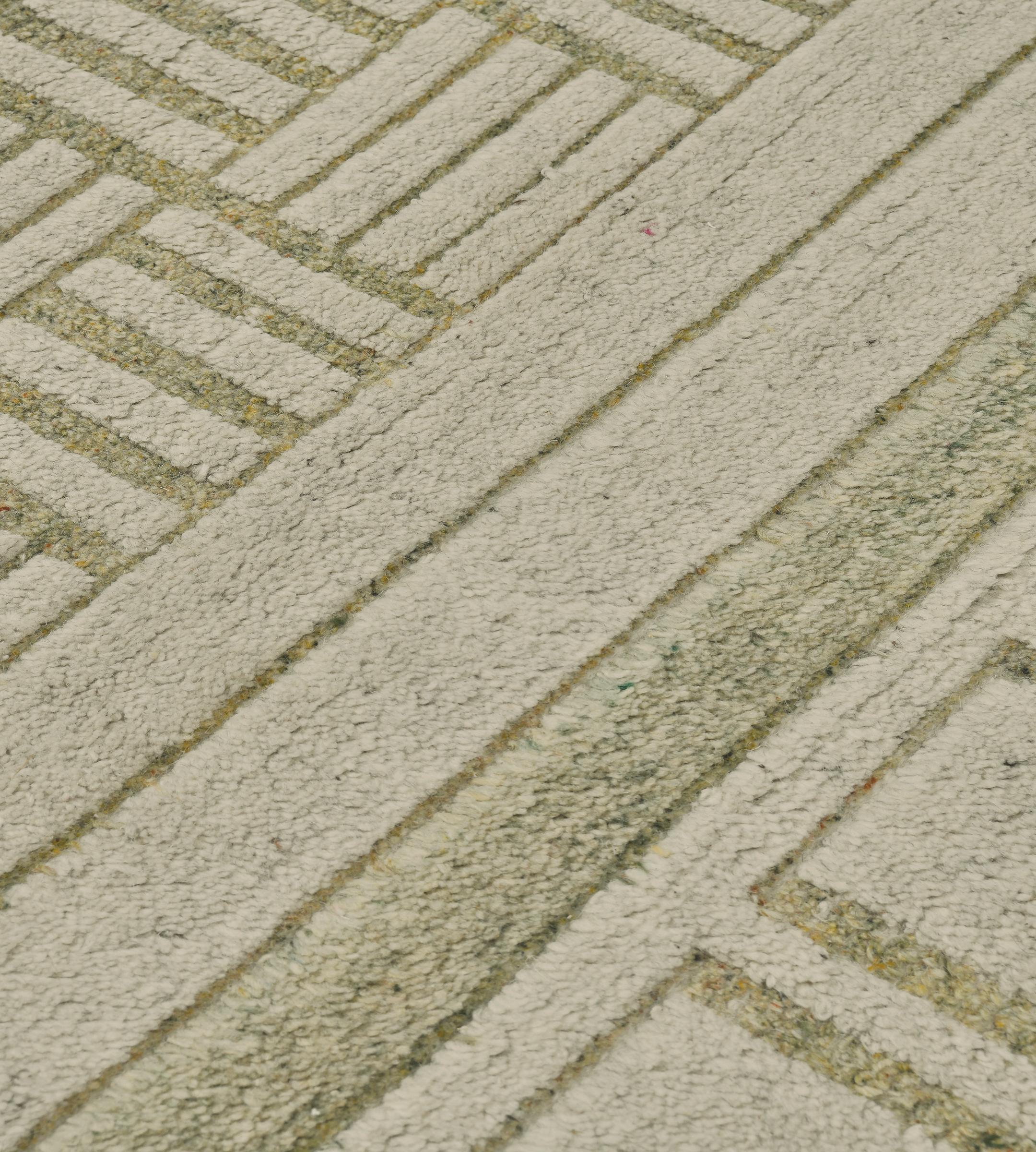 Indian Handwoven Contemporary Wool Pistachio-Green Swedish-Inspired Rug For Sale