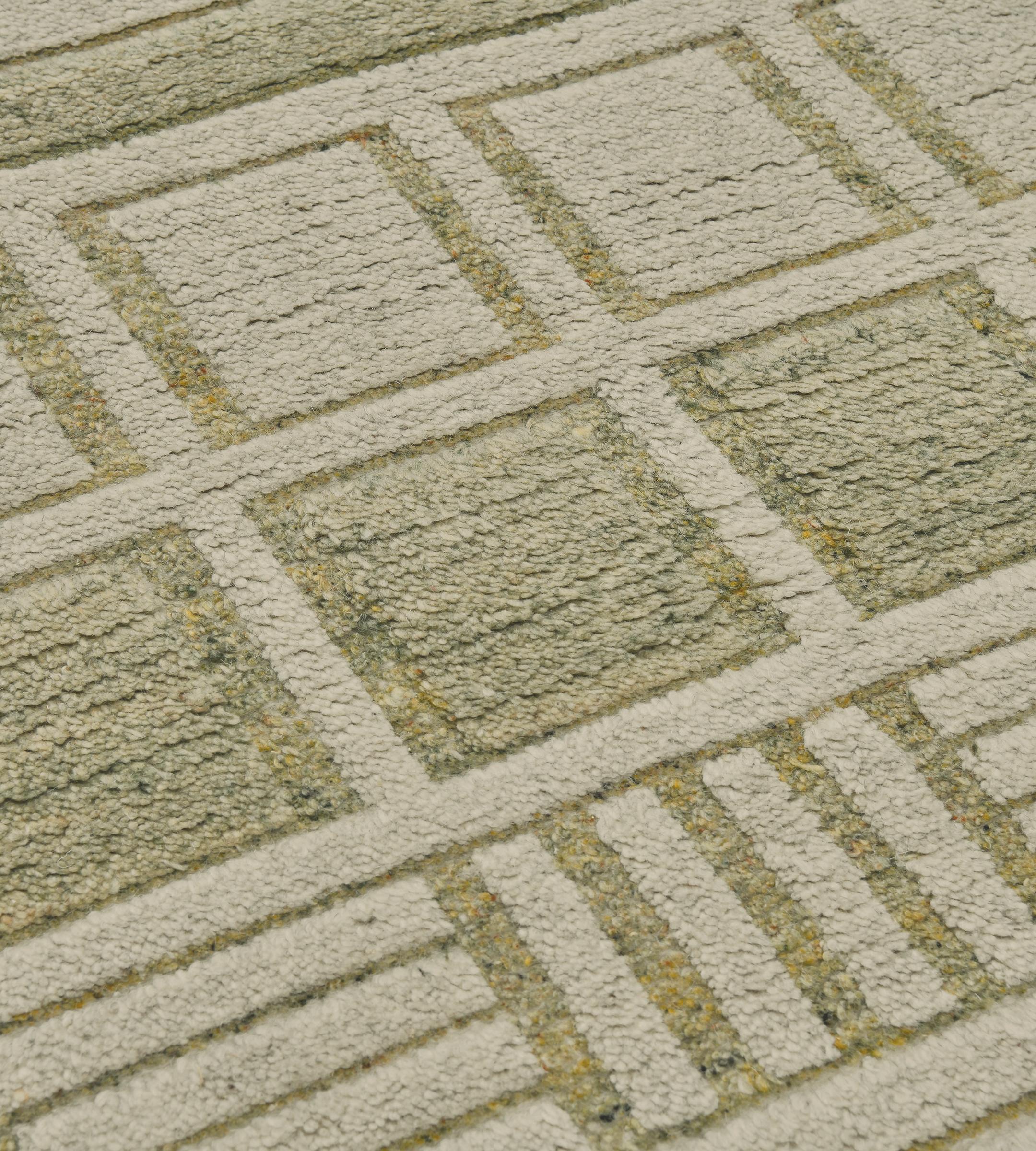 Hand-Knotted Handwoven Contemporary Wool Pistachio-Green Swedish-Inspired Rug For Sale