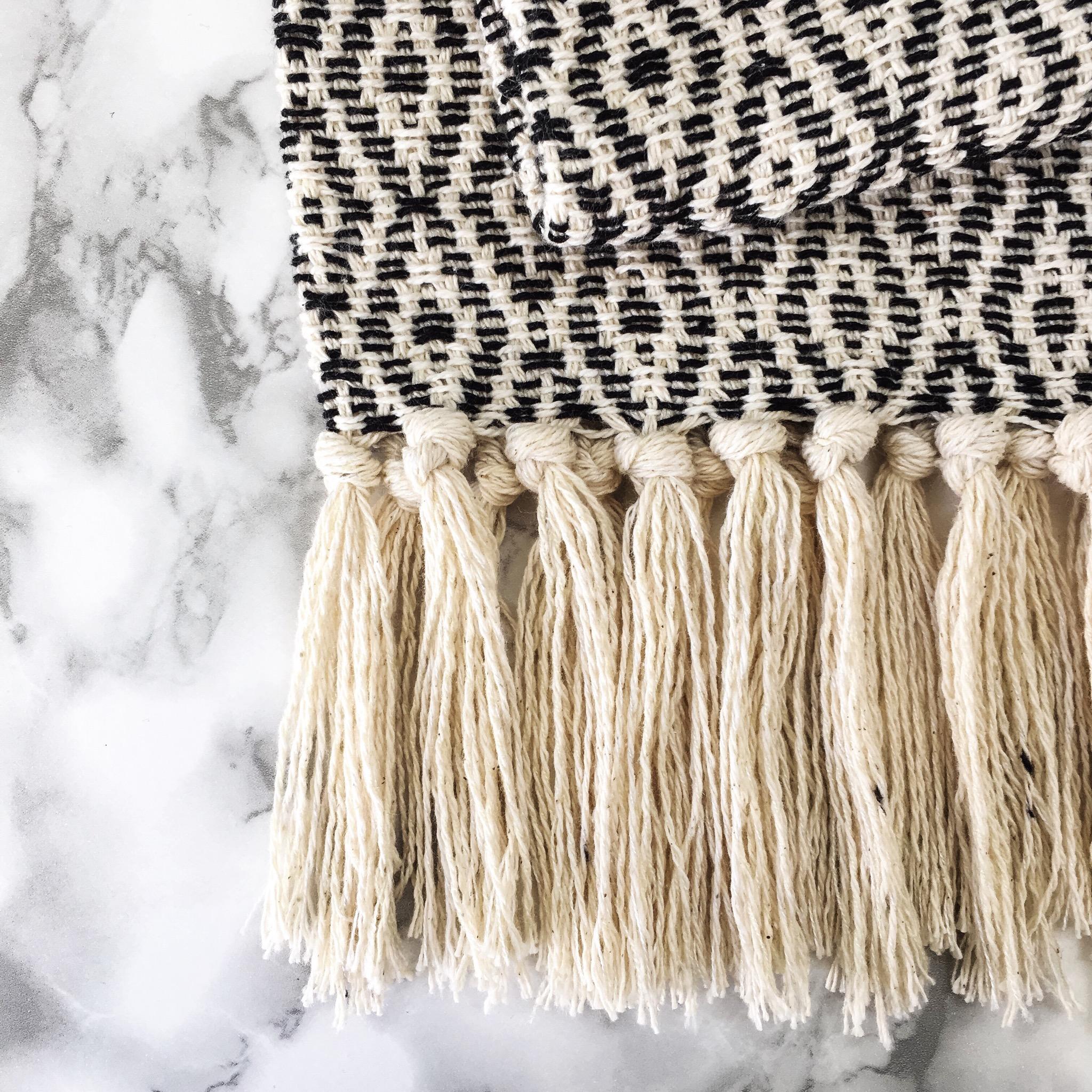 Handwoven Cotton Black and Natural Fringed Throw, in Stock In New Condition For Sale In West Hollywood, CA