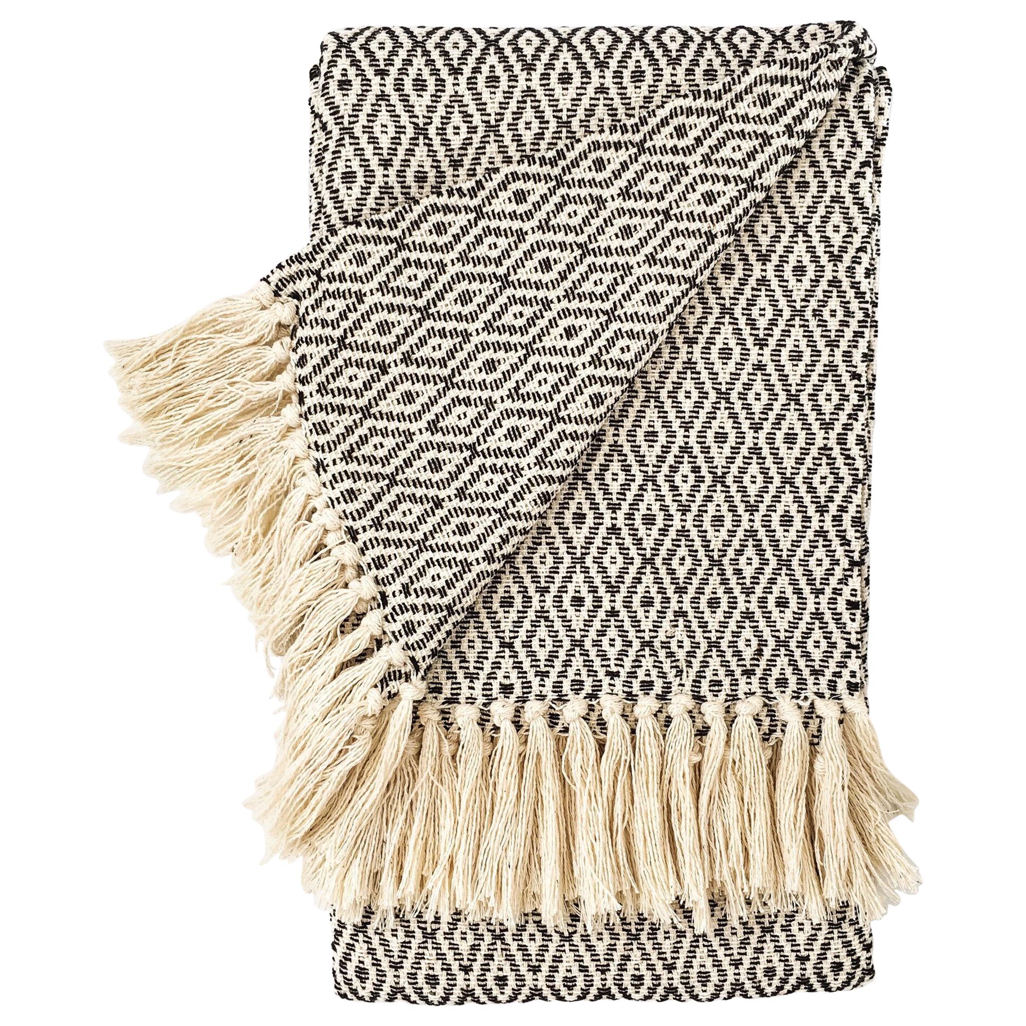 Handwoven Cotton Black and Natural Fringed Throw, in Stock