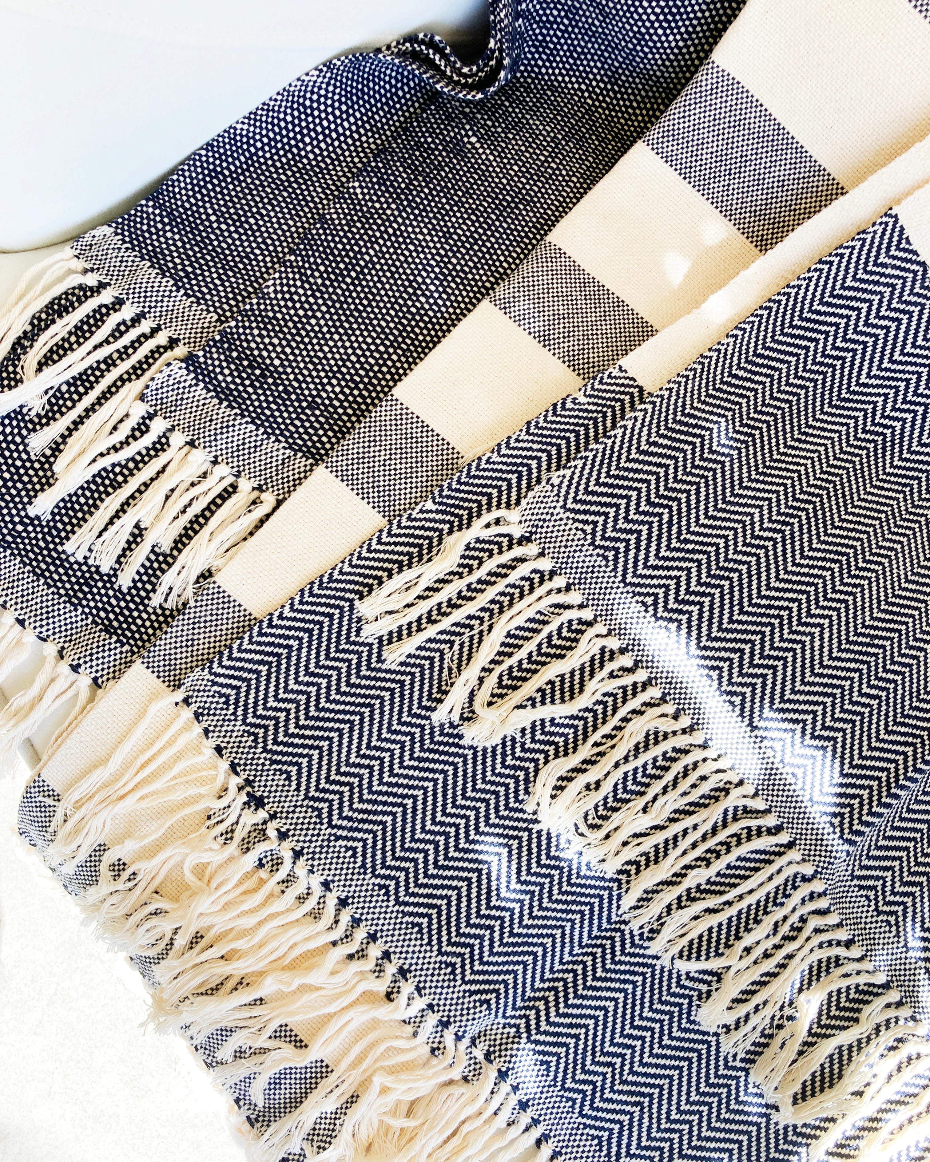 Handwoven Cotton Throw in Natural and Gray Check Weave, in Stock In New Condition For Sale In West Hollywood, CA