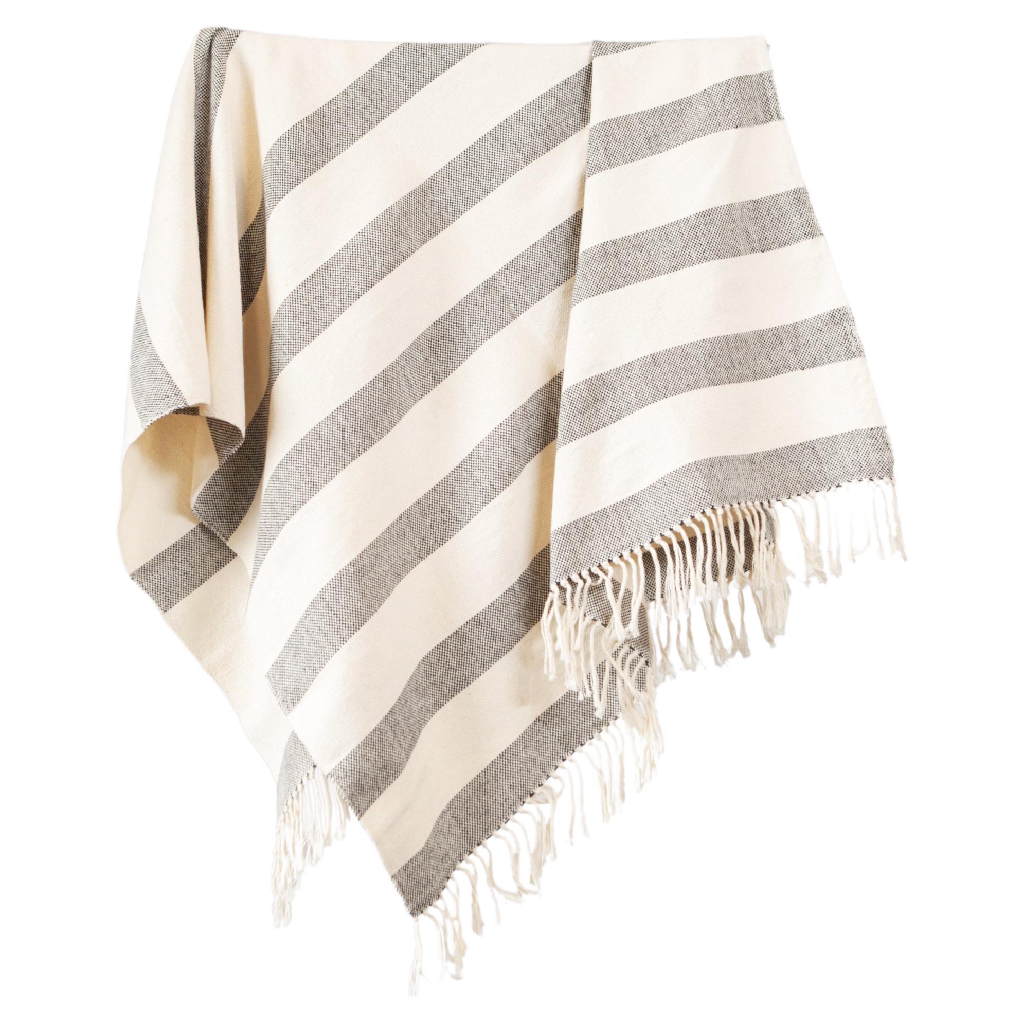 Handwoven Cotton Throw in Natural and Gray Gradient Stripe, in Stock For Sale