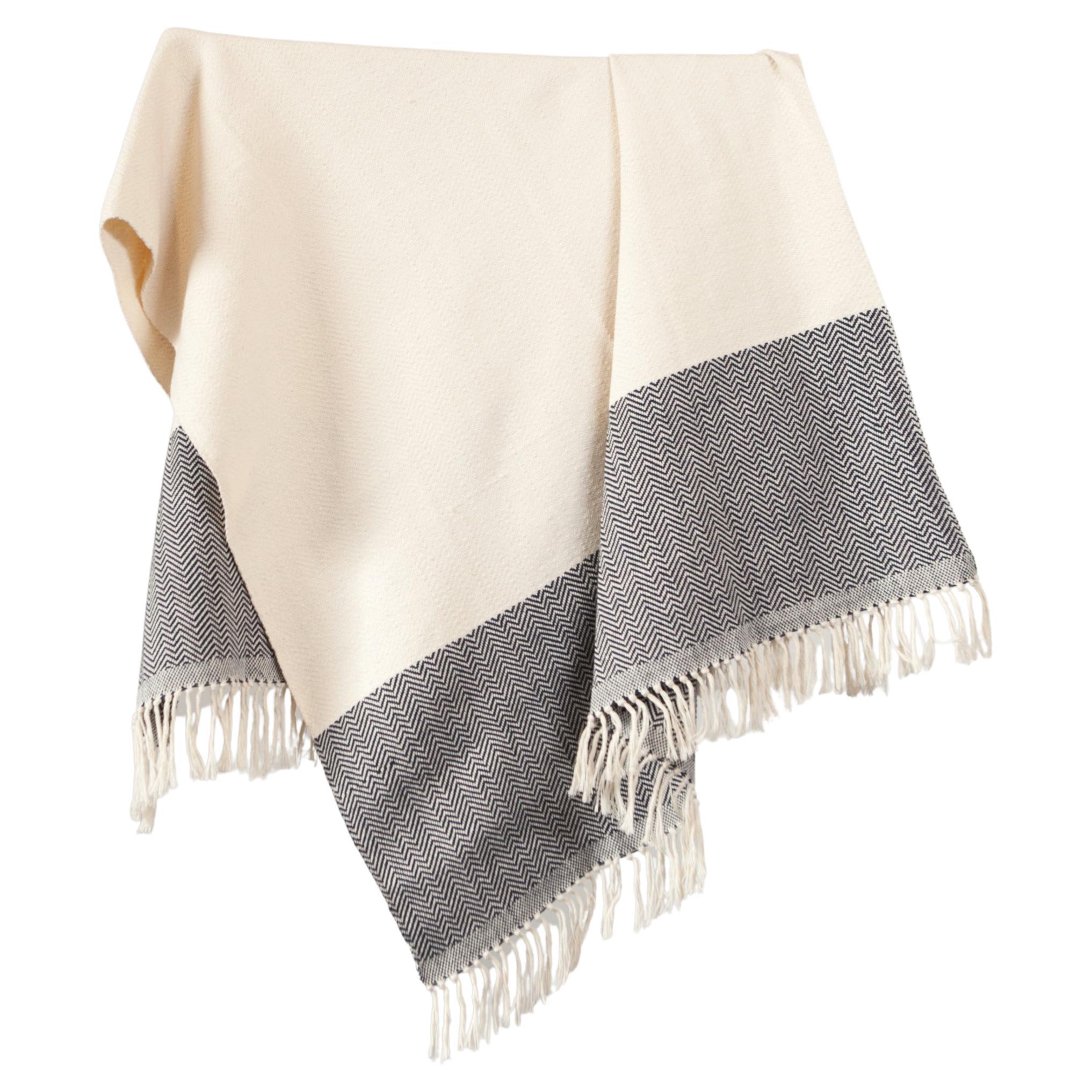 Handwoven Cotton Throw in Natural and Gray with Herringbone Hem, in Stock For Sale