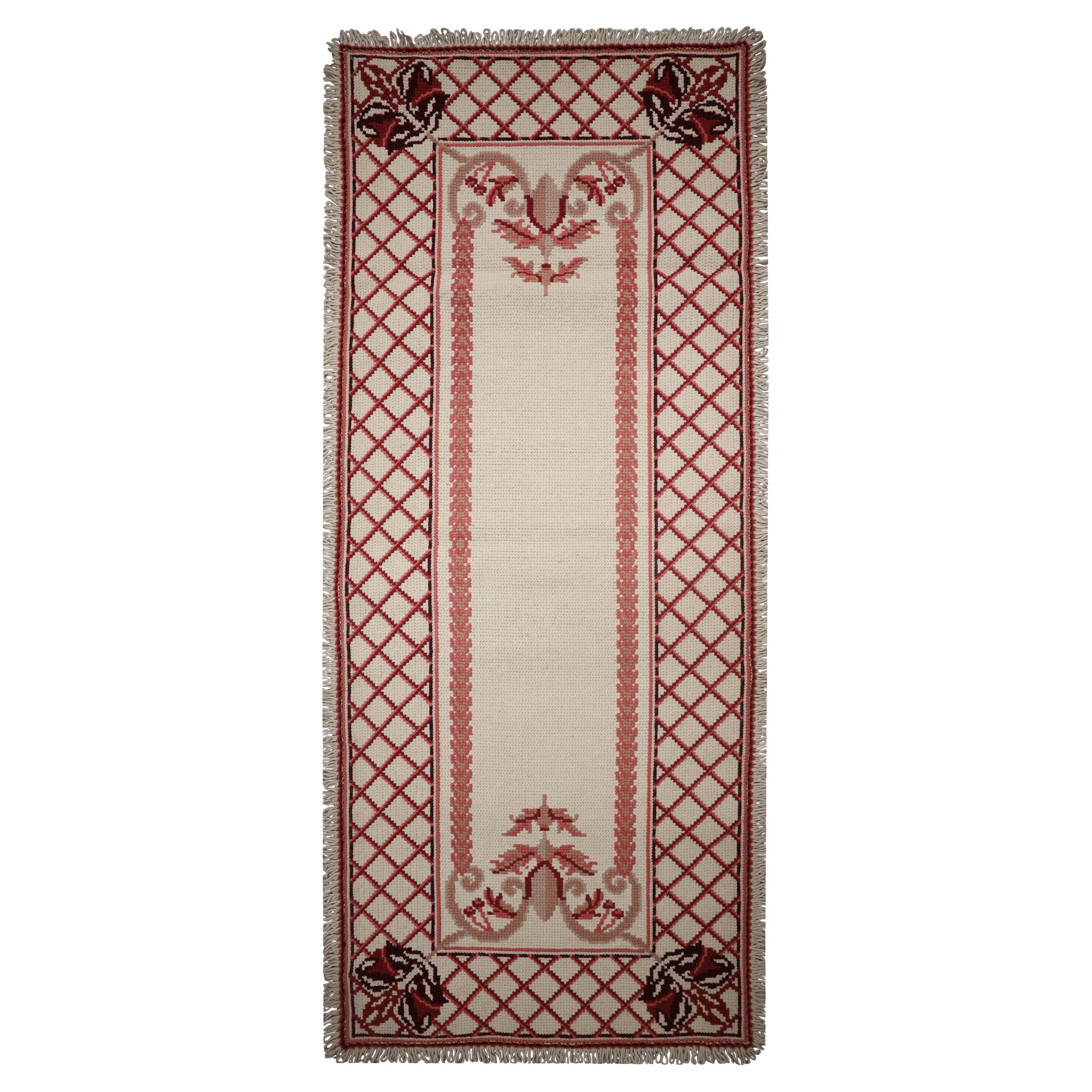 Handwoven Cream Red Needlepoint Carpet Traditional Wool Area Rug For Sale