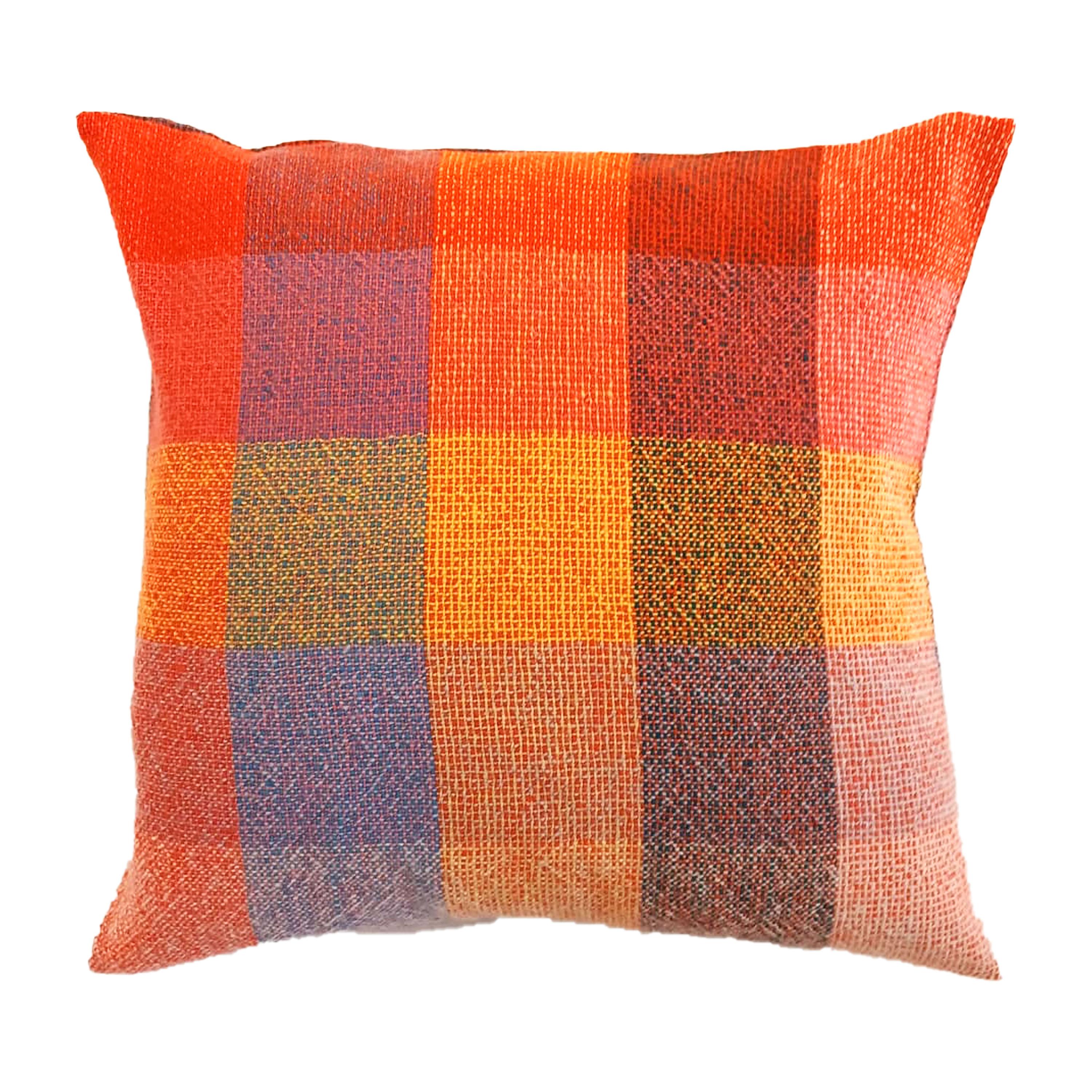 Hand-woven multicolor cushion, made of 100% eco-friendly French merino wool. Designed by the international designer Cristian Zuzunga. 
The cushion feature two special finishes: a fringed finish and one with intertwined threads. The wool production