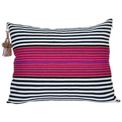 Handwoven Fine Cotton Large Pillow Black Stripes with Red Trim & Tassel in Stock