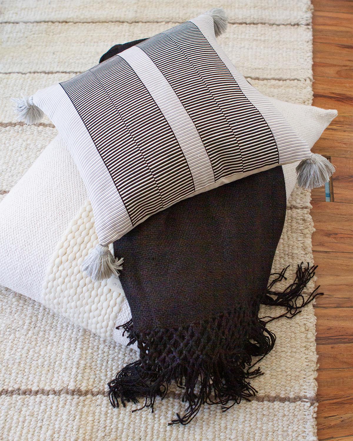 Peruvian Handwoven Fine Cotton Luna Grid Throw Pillow with Pompoms, in Stock For Sale