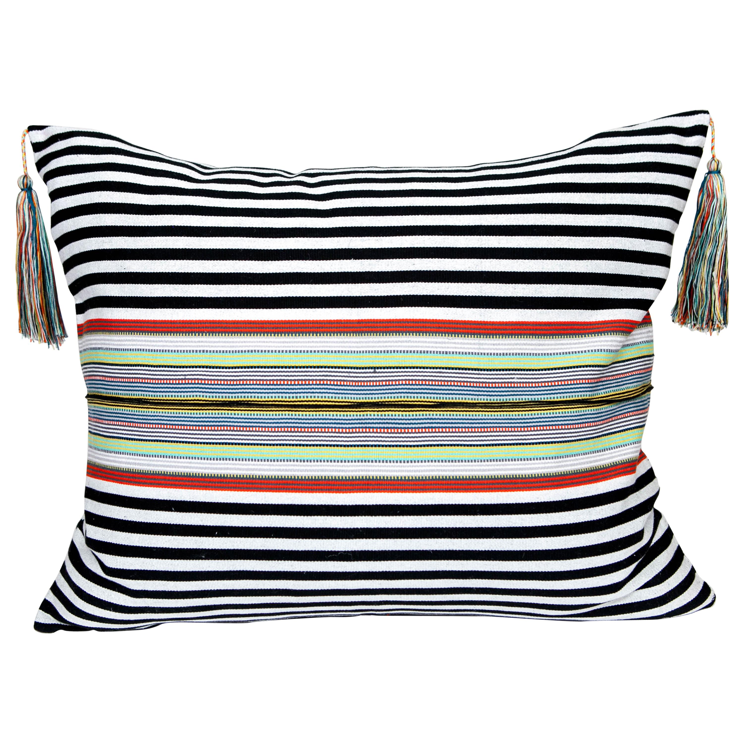 Handwoven Fine Cotton Pillow Black Stripes, Multicolor Trim and Tassel