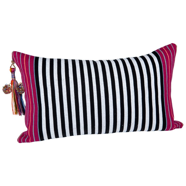 Handwoven Fine Cotton Small Pillow Black Stripes with Red Trim and Tassel  in Stock For Sale at 1stDibs