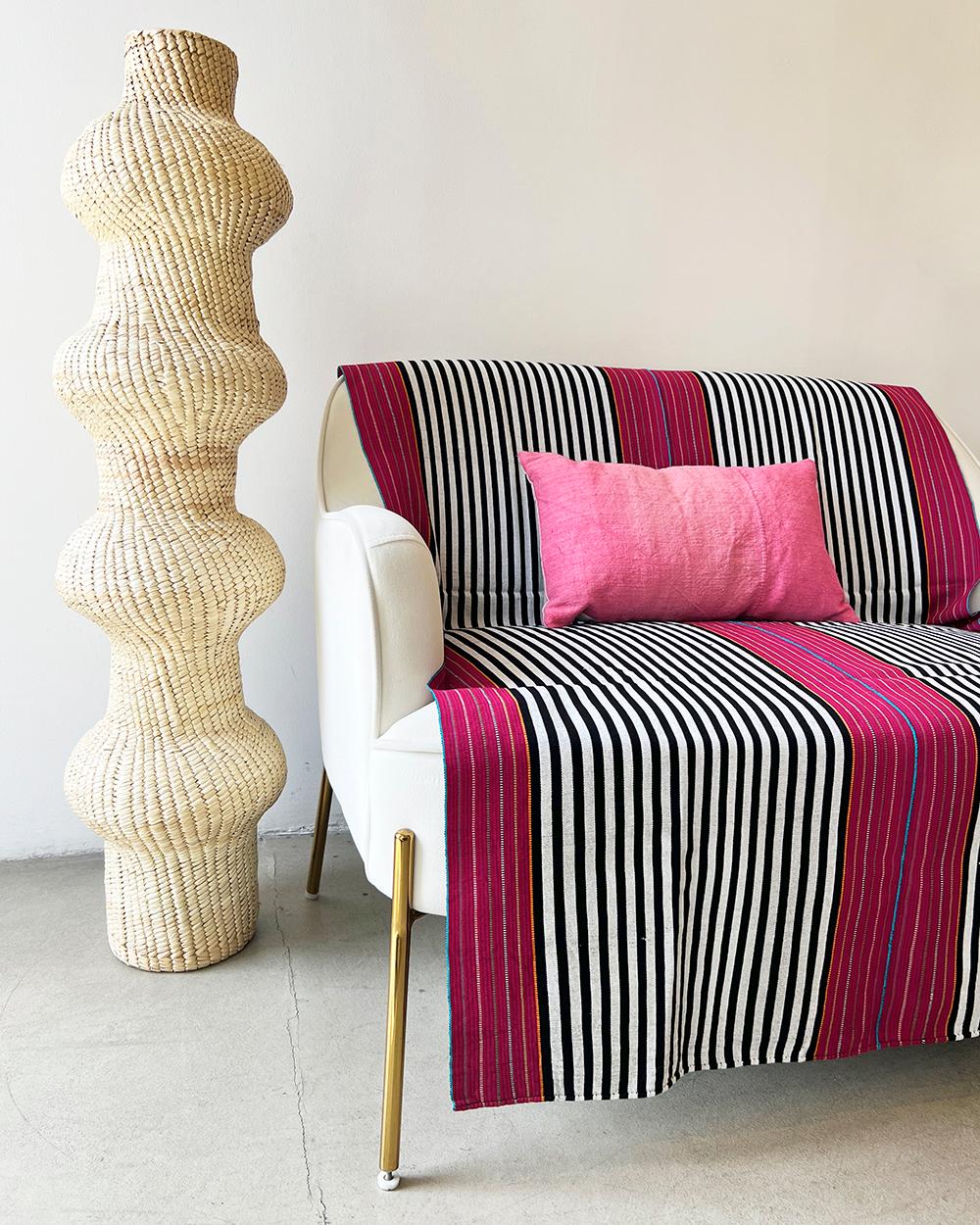 Hand-Woven Sancri Cotton Throw - Handmade Mexican Black, White and Magenta Extended Blanket For Sale