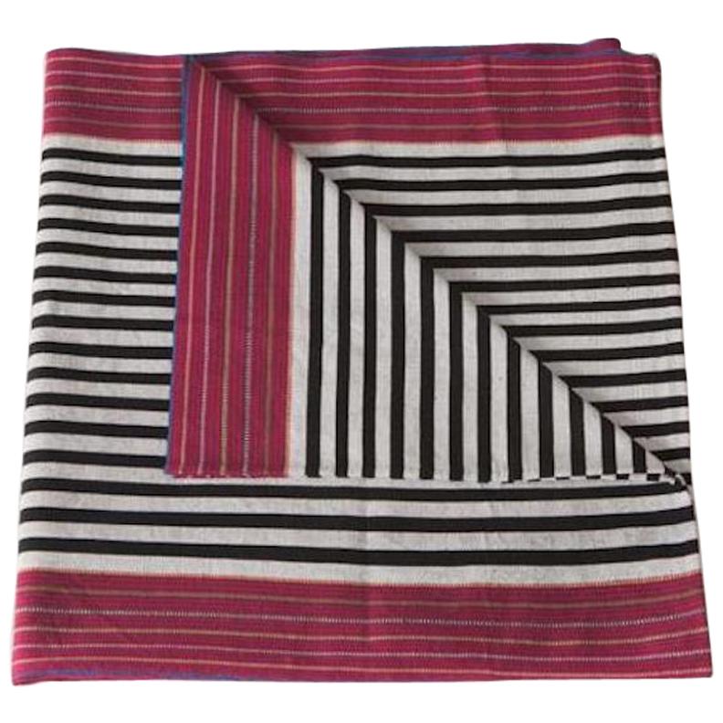 One of a Kind Handwoven Wool Throw in Grey Stripes with Red Tassels, in