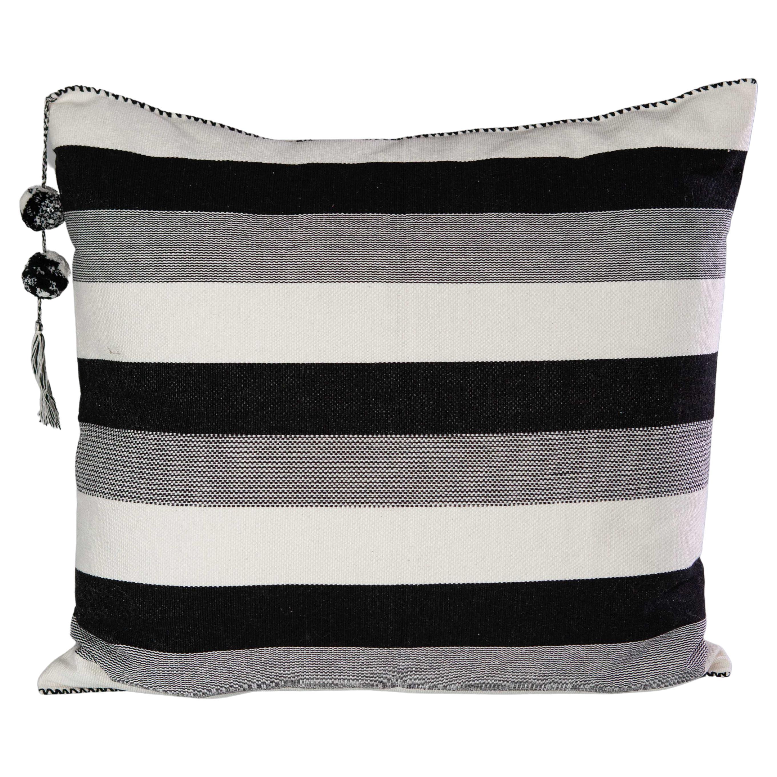 Handwoven Fine Cotton Throw Pillow in Thick Black and White Stripes, in Stock