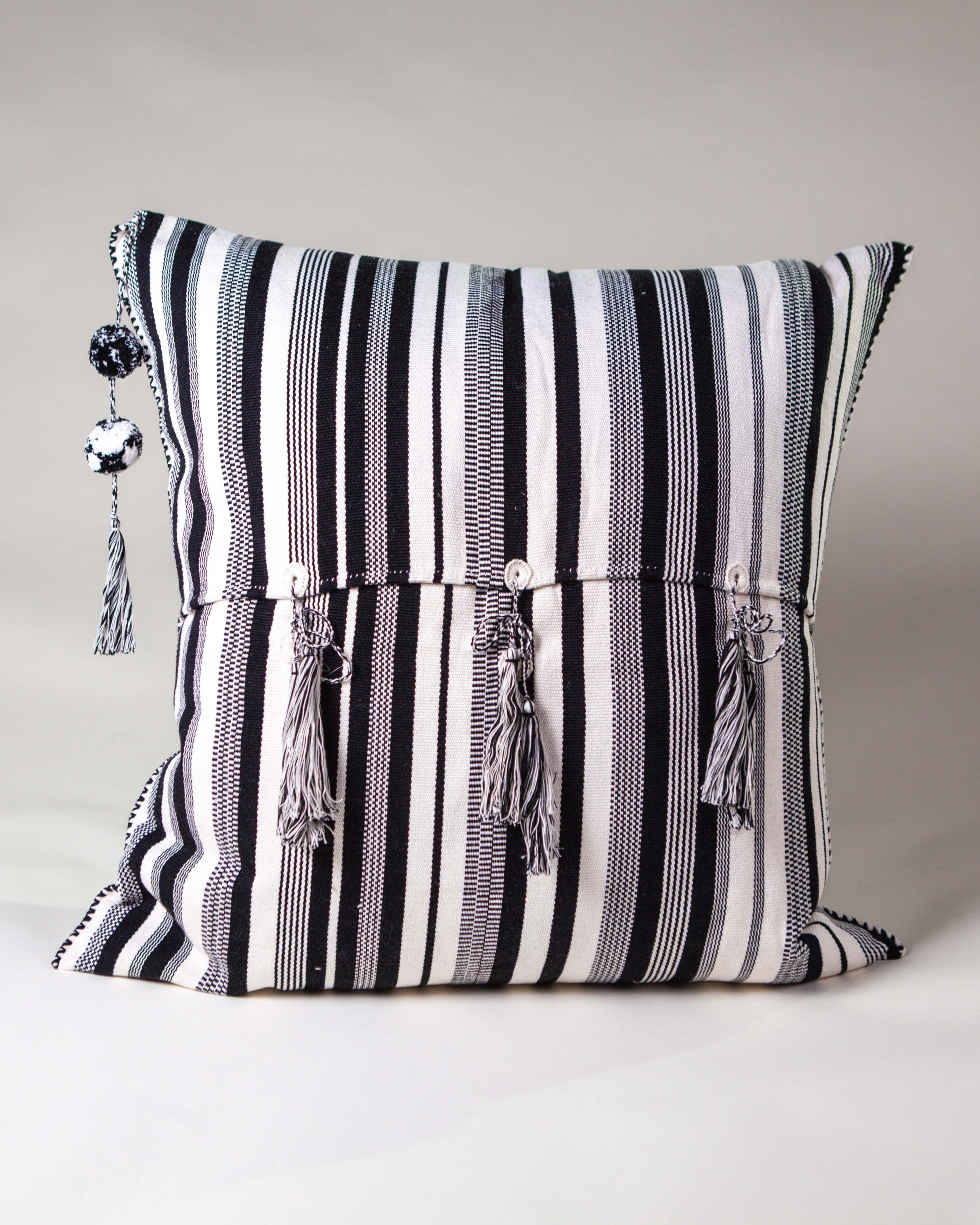 Mexican Handwoven Fine Cotton Throw Pillow in Thin Black and White Stripes, in Stock