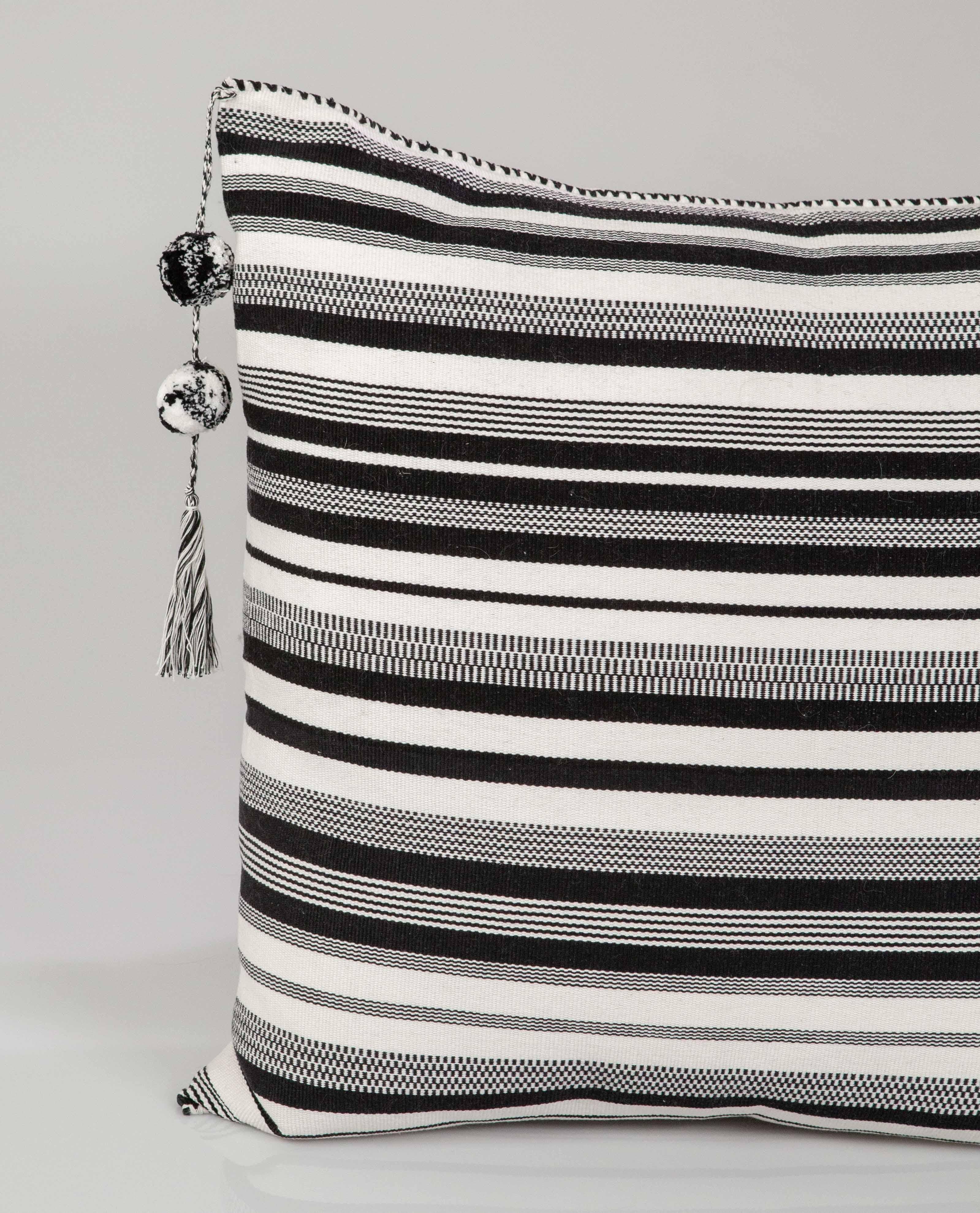 Handwoven Fine Cotton Throw Pillow in Thin Black and White Stripes, in Stock In New Condition In West Hollywood, CA