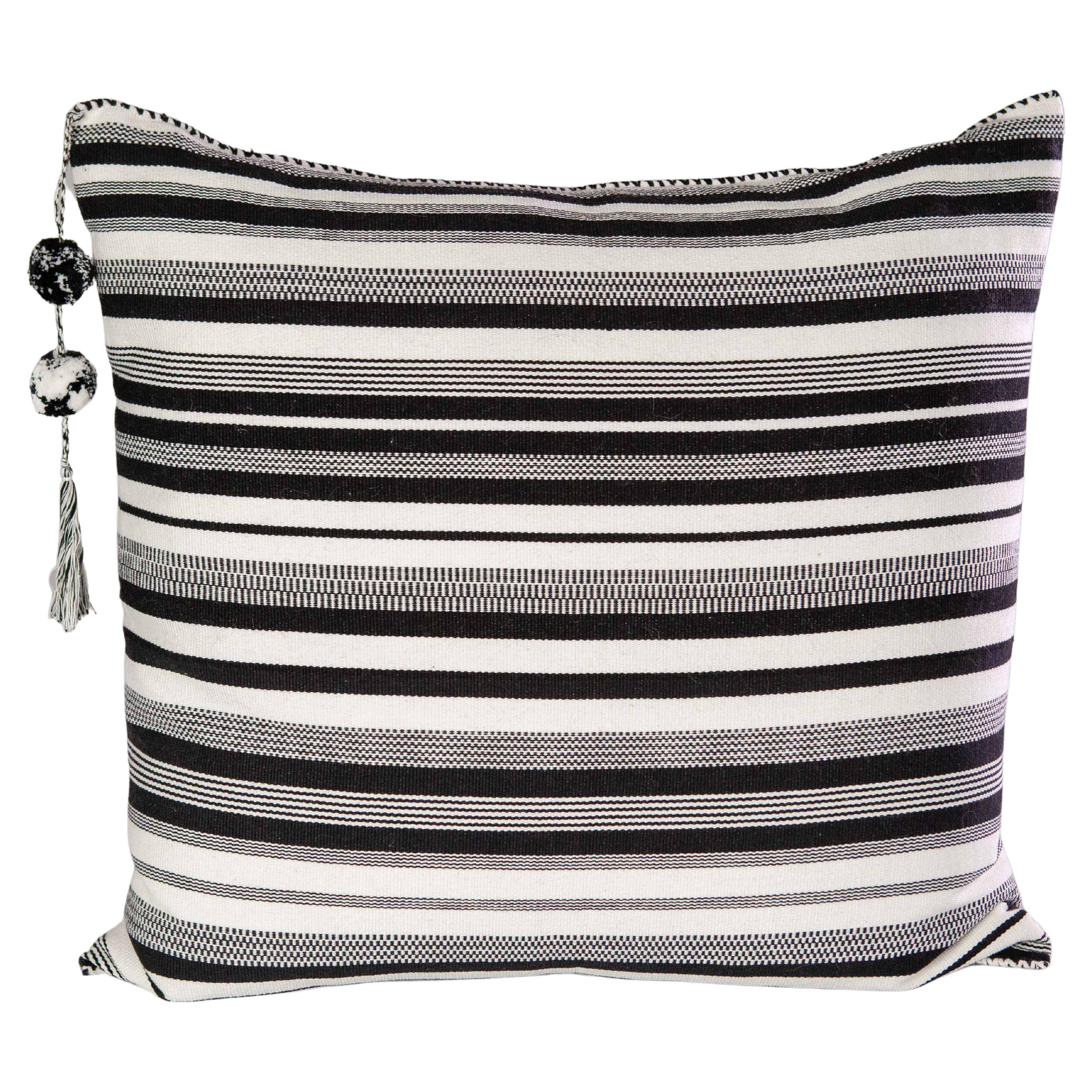 Handwoven Fine Cotton Throw Pillow in Thin Black and White Stripes, in Stock