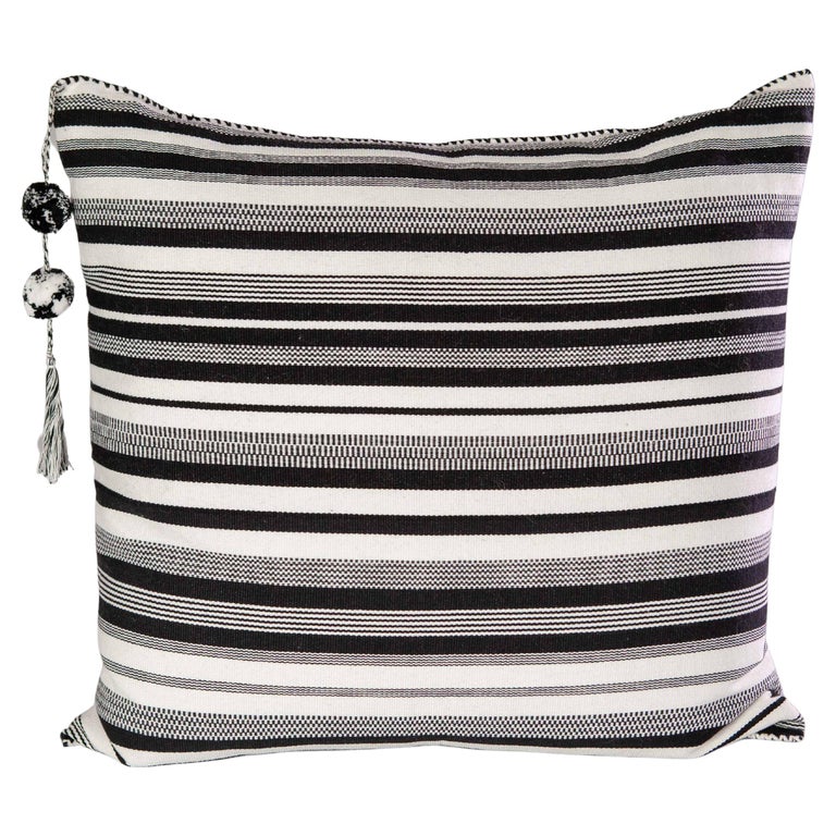 Handwoven Fine Cotton Throw Pillow in Thin Black and White Stripes, in
