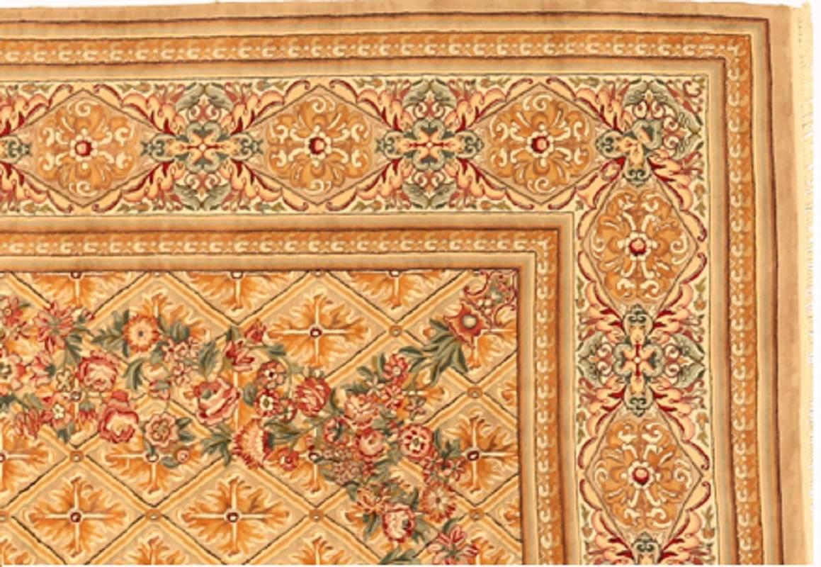 French Provincial Handwoven French Savonnerie Rug with Gold Field For Sale