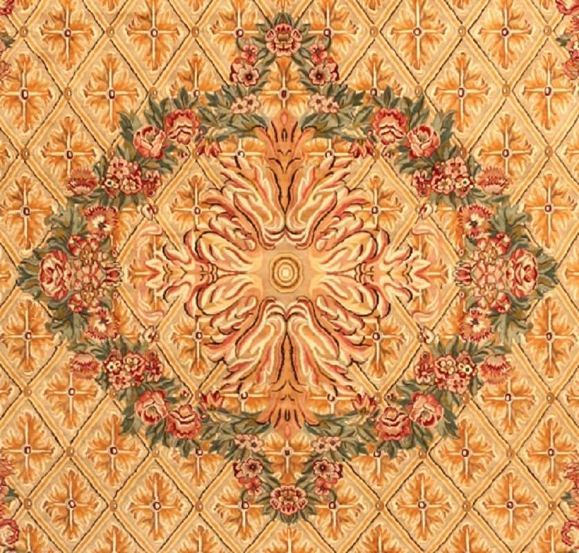 Pakistani Handwoven French Savonnerie Rug with Gold Field For Sale