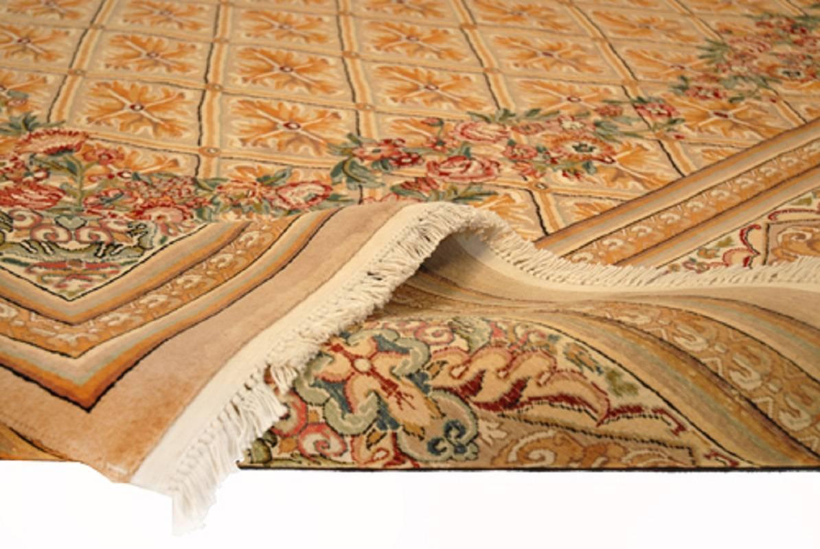 Hand-Woven Handwoven French Savonnerie Rug with Gold Field For Sale