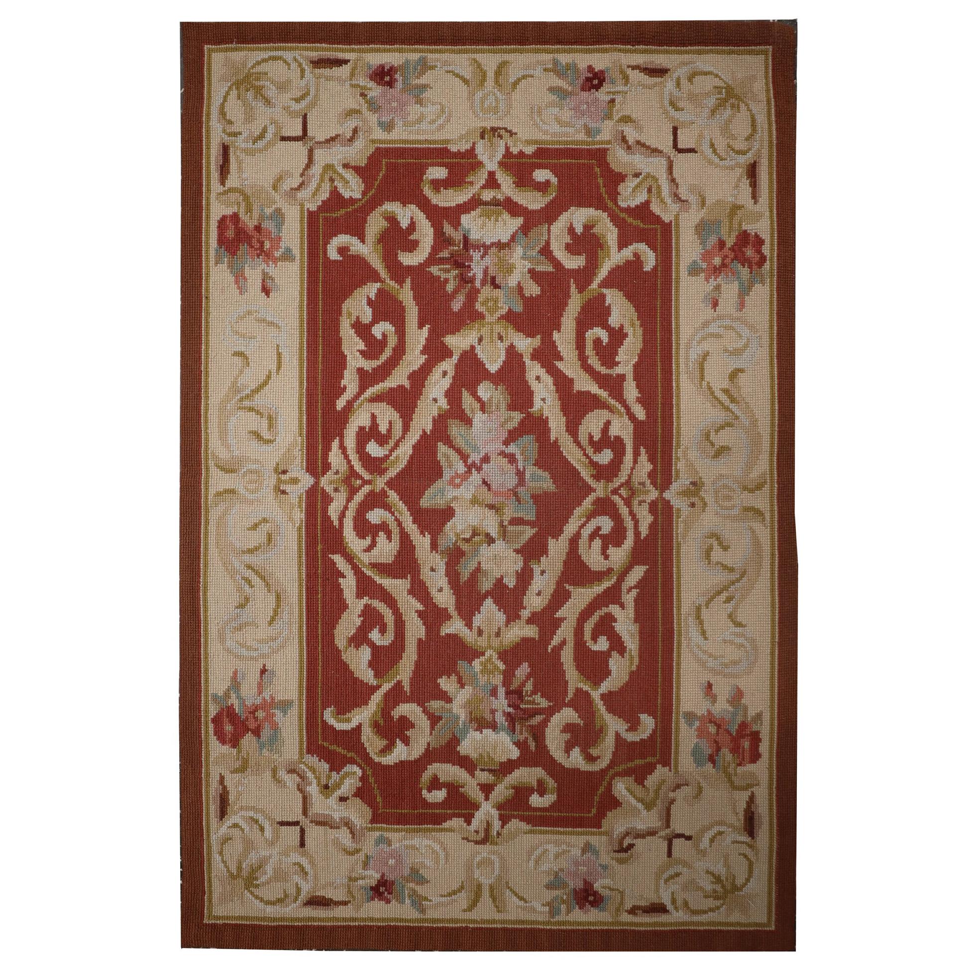 Handwoven French Style Needlepoint Rug Rust Red Wool Tapestry For Sale