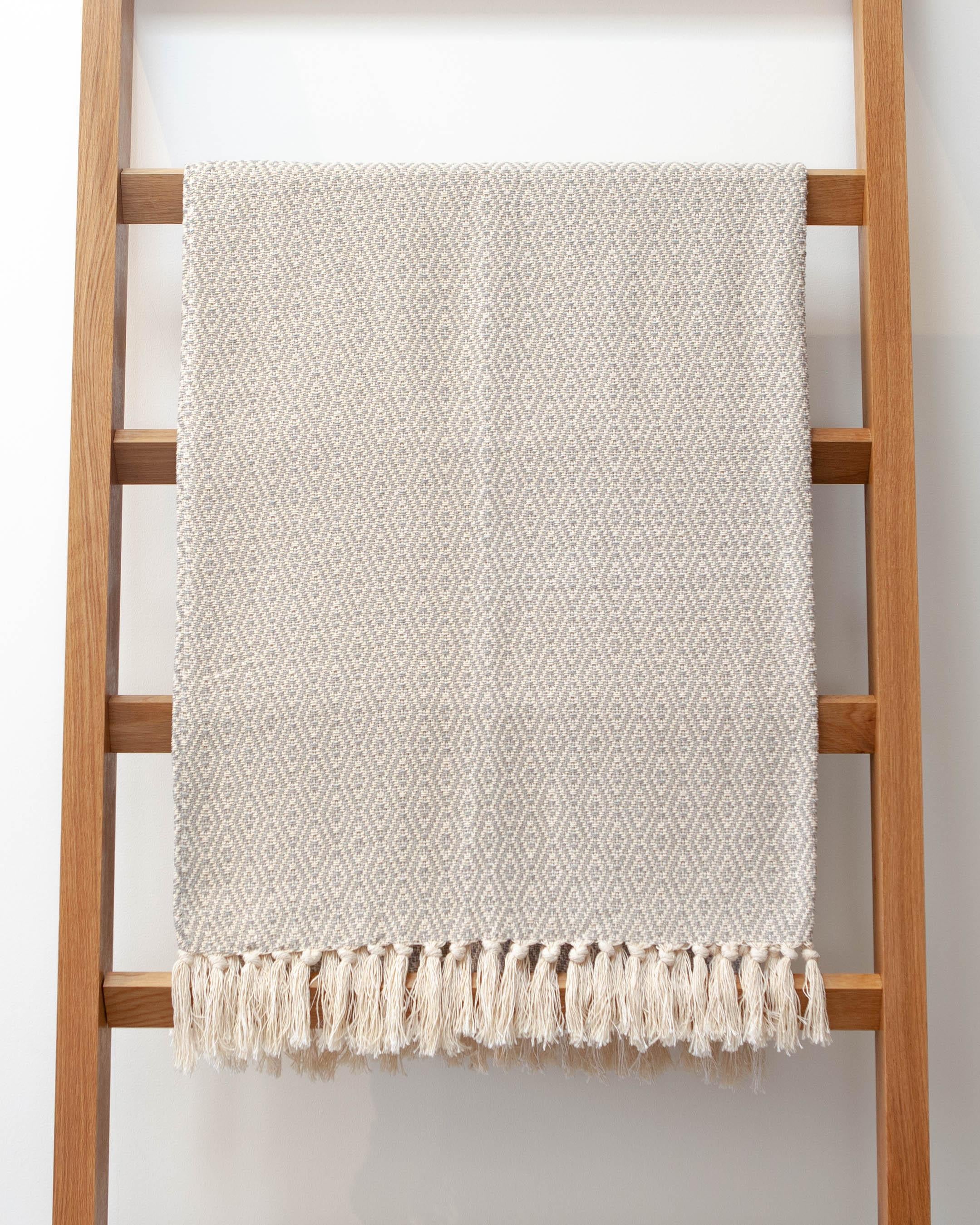 Handwoven Fringed Cotton Throw in Grey and Natural, in Stock In New Condition For Sale In West Hollywood, CA