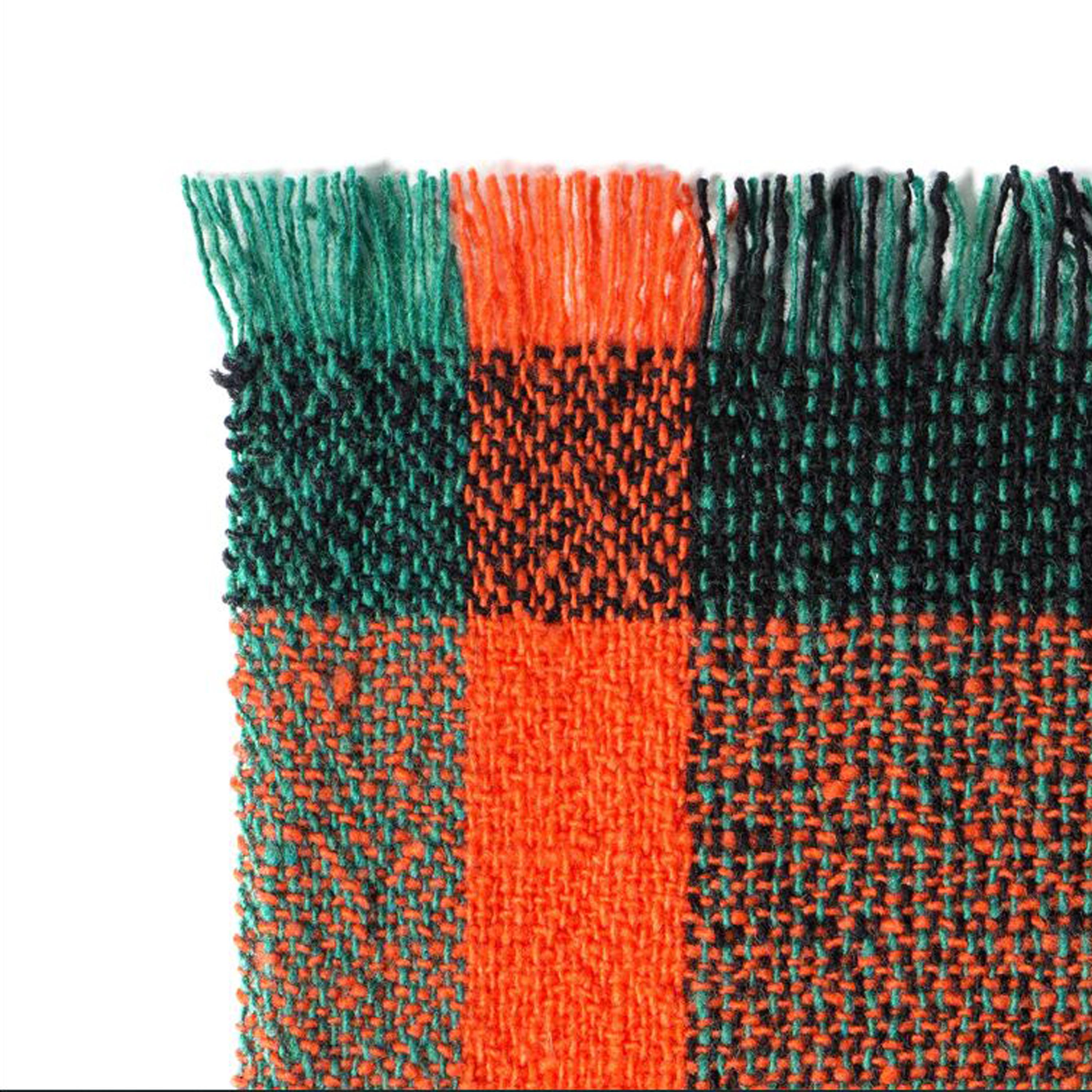 Spanish Handwoven Green and Orange Wool Throw By Cristian Zuzunaga, Spain 2022