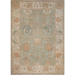 Tapis en laine Oushak turc vert, tissé à la main, avec médaillon floral, 9′2″ x 12'10"