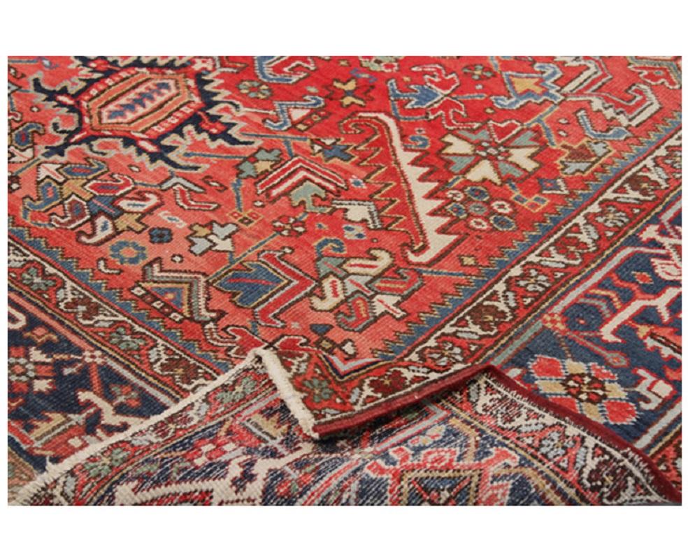 Hand-Woven Handwoven Heriz Red Colored Field and Navy Border For Sale