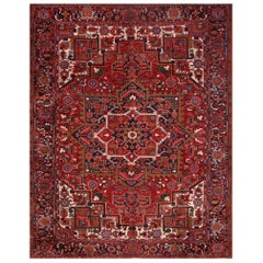 Handwoven Heriz Red Colored Field and Navy Border