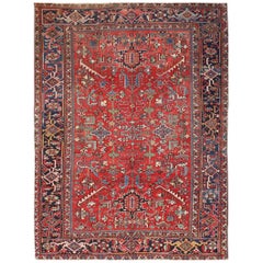 Handwoven Heriz Red Colored Field and Navy Border