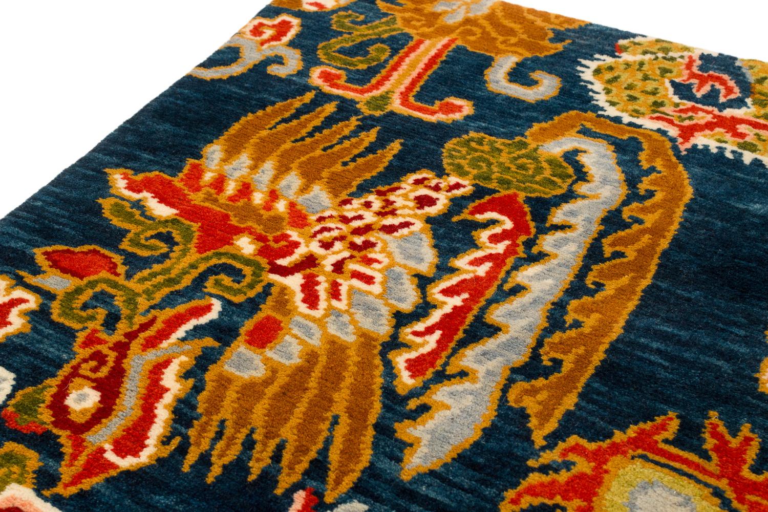 Tibetan Handwoven Indigo and Red Chinese Dragon and Phoenix Rug by Carini