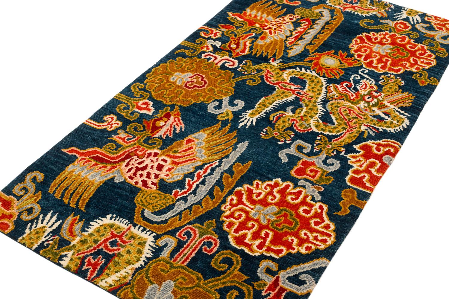 Nepalese Handwoven Indigo and Red Chinese Dragon and Phoenix Rug by Carini