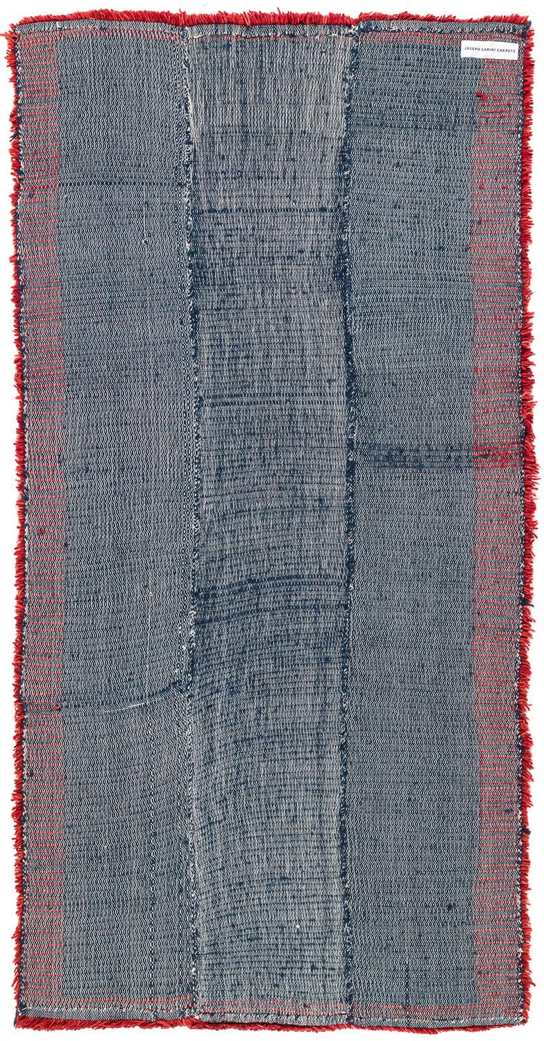 This beautiful indigo rug was woven on small handheld looms. The three panels were then hand sewn together, which is the way that nomads traditionally make carpets in Tibet. This carpet has fantastic wool and was made with very special fermented