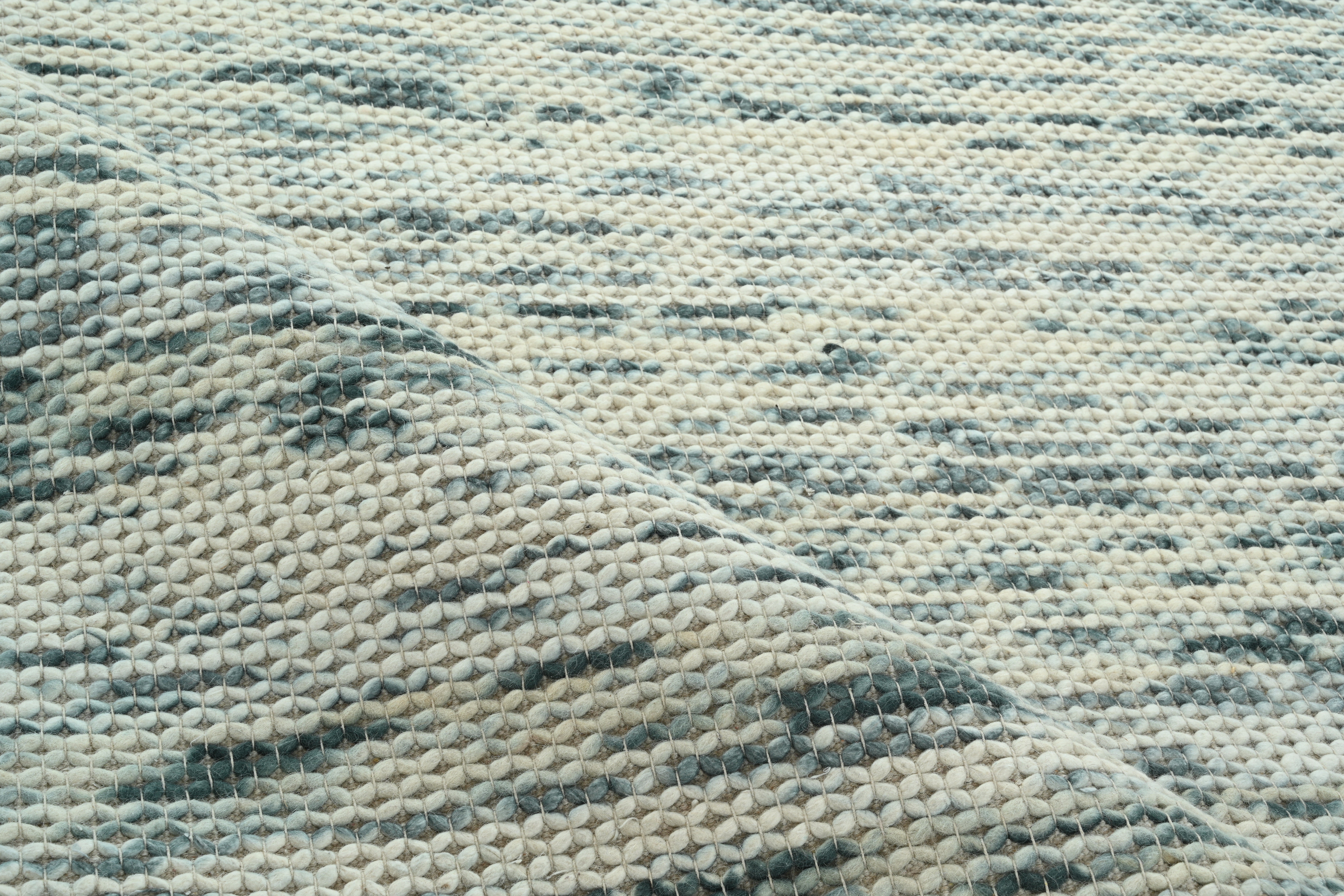 Handwoven Ivory and Blue Wool Rug, Contemporary Minimalist Handmade Carpet