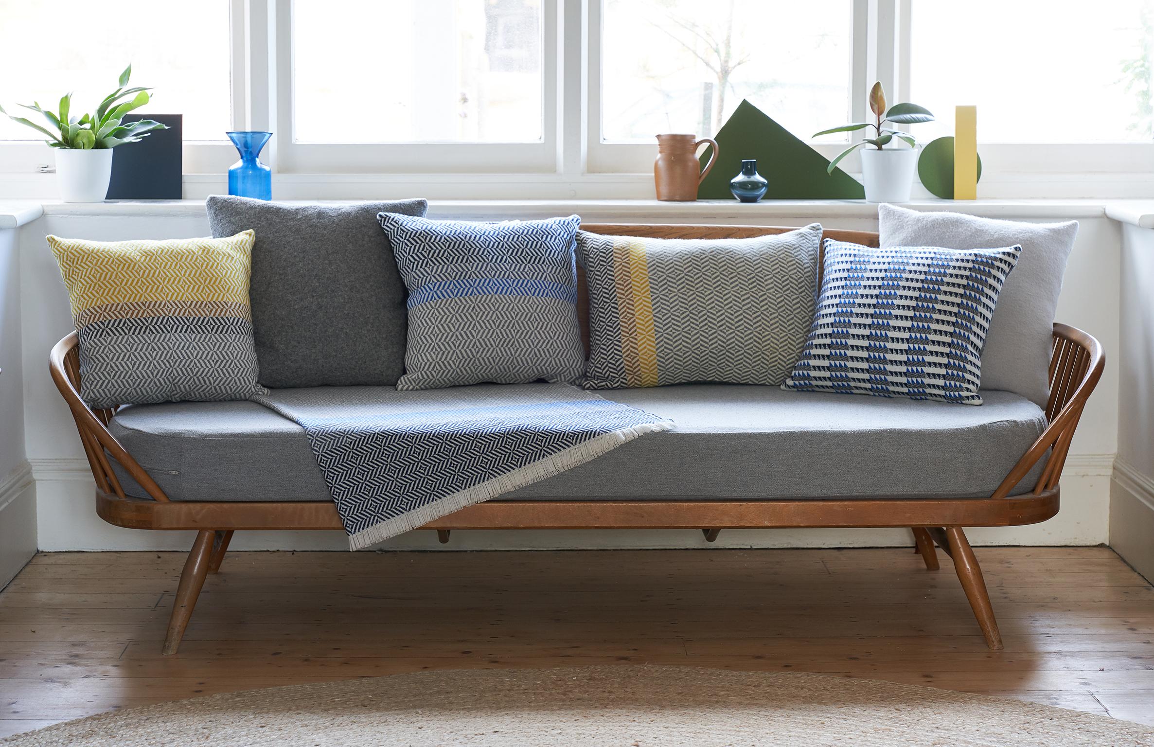 British Handwoven 'Ixelles' Geometric Merino Wool Cushion Pillow, Indigo/Colbalt Blue For Sale