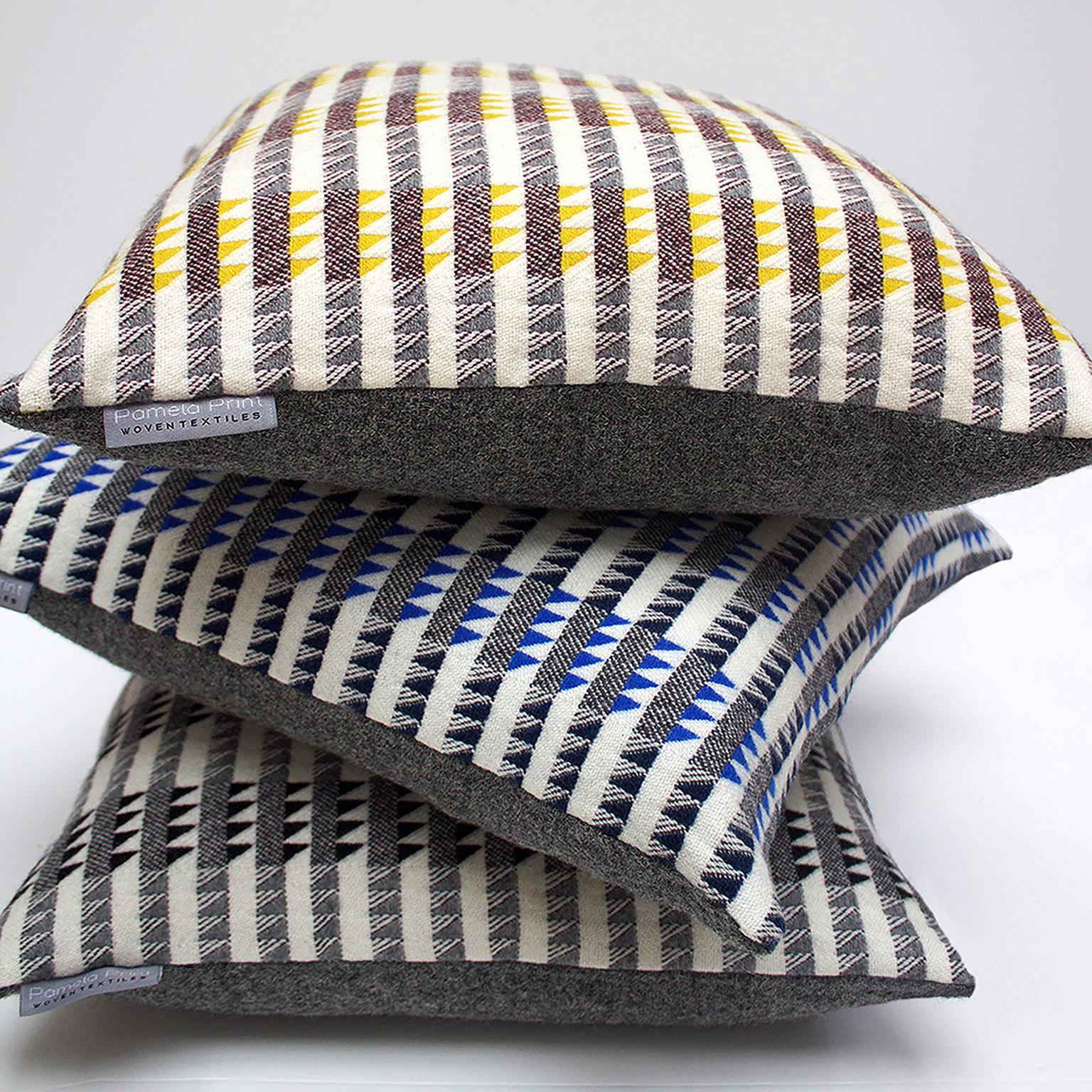 Mid-Century Modern Handwoven 'Ixelles' Geometric Merino Wool Cushion Pillow, Indigo/Colbalt Blue For Sale