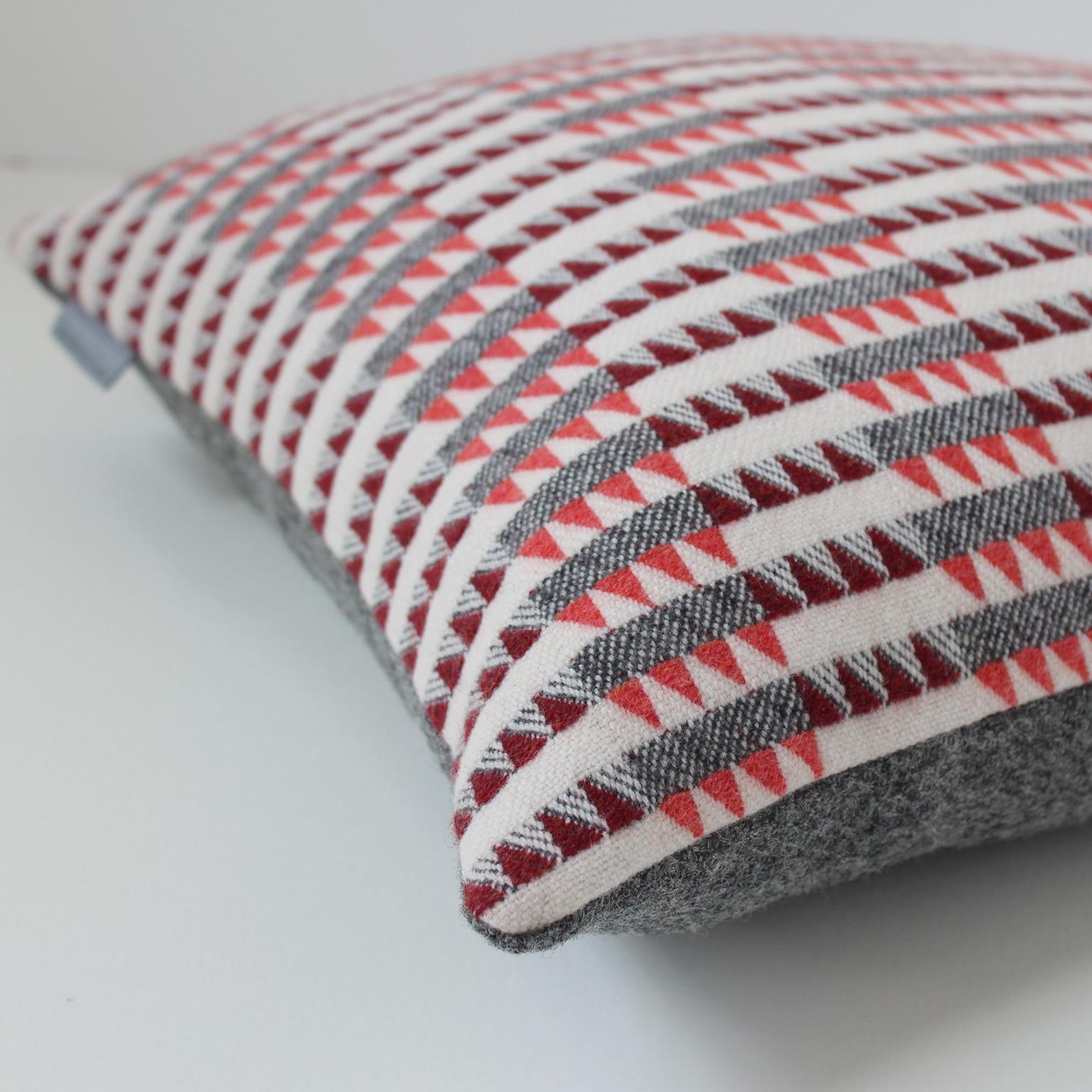 British Handwoven 'Ixelles' Geometric Merino Wool Cushion Pillow, Papaya/Burgundy/Grey For Sale