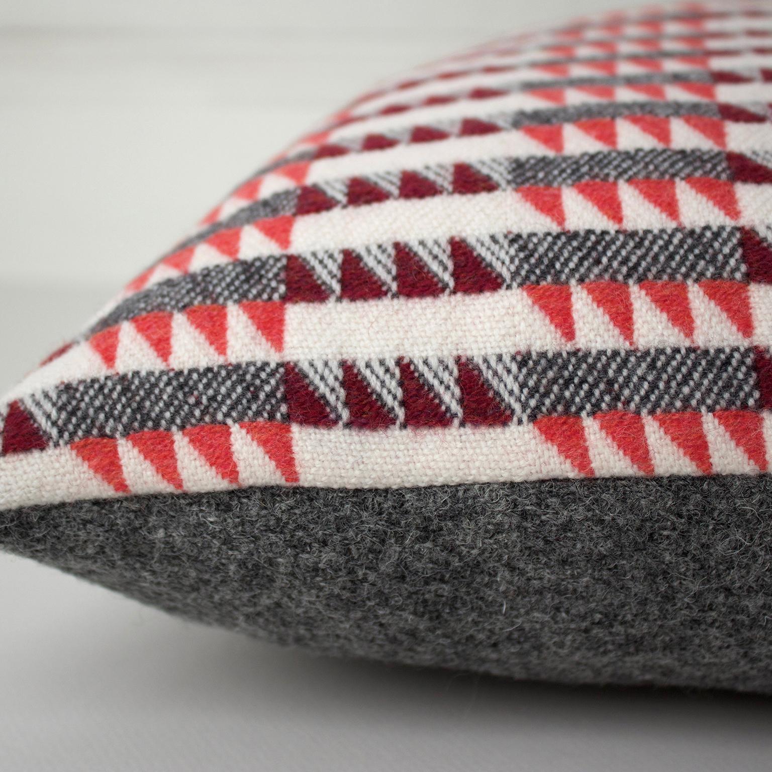 Hand-Woven Handwoven 'Ixelles' Geometric Merino Wool Cushion Pillow, Papaya/Burgundy/Grey For Sale