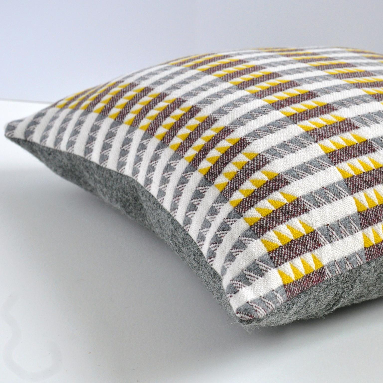 British Handwoven 'Ixelles' Geometric Merino Wool Cushion Pillow, Piccalilli /Greys For Sale