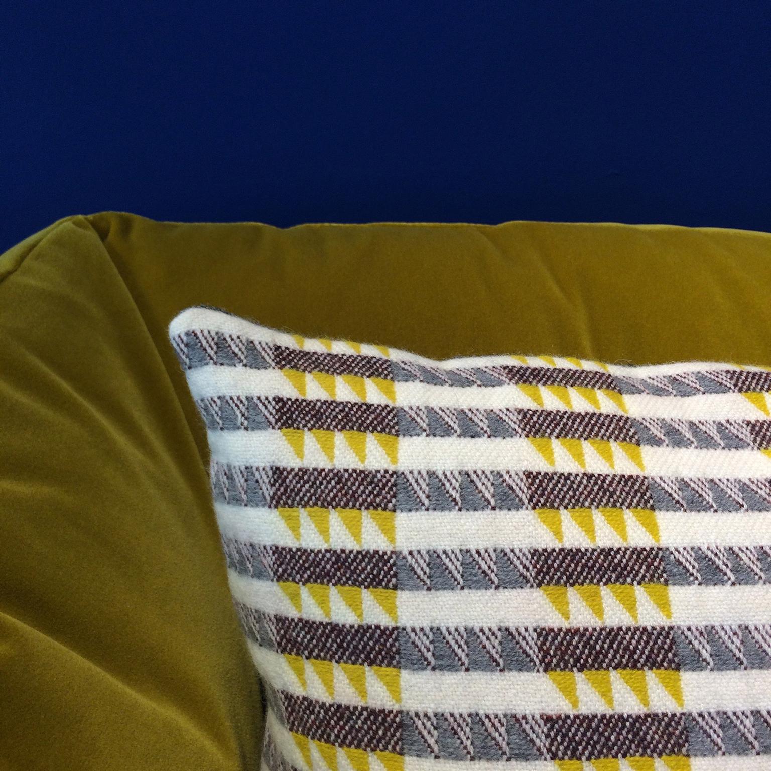 Hand-Woven Handwoven 'Ixelles' Geometric Merino Wool Cushion Pillow, Piccalilli /Greys For Sale