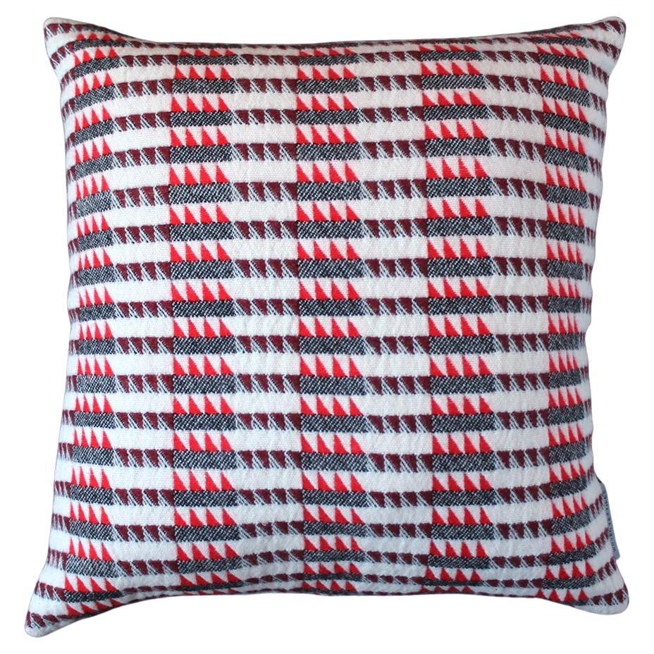 Handwoven 'Ixelles' Geometric Merino Wool Cushion Pillow, Scarlet /Burgundy/Grey For Sale