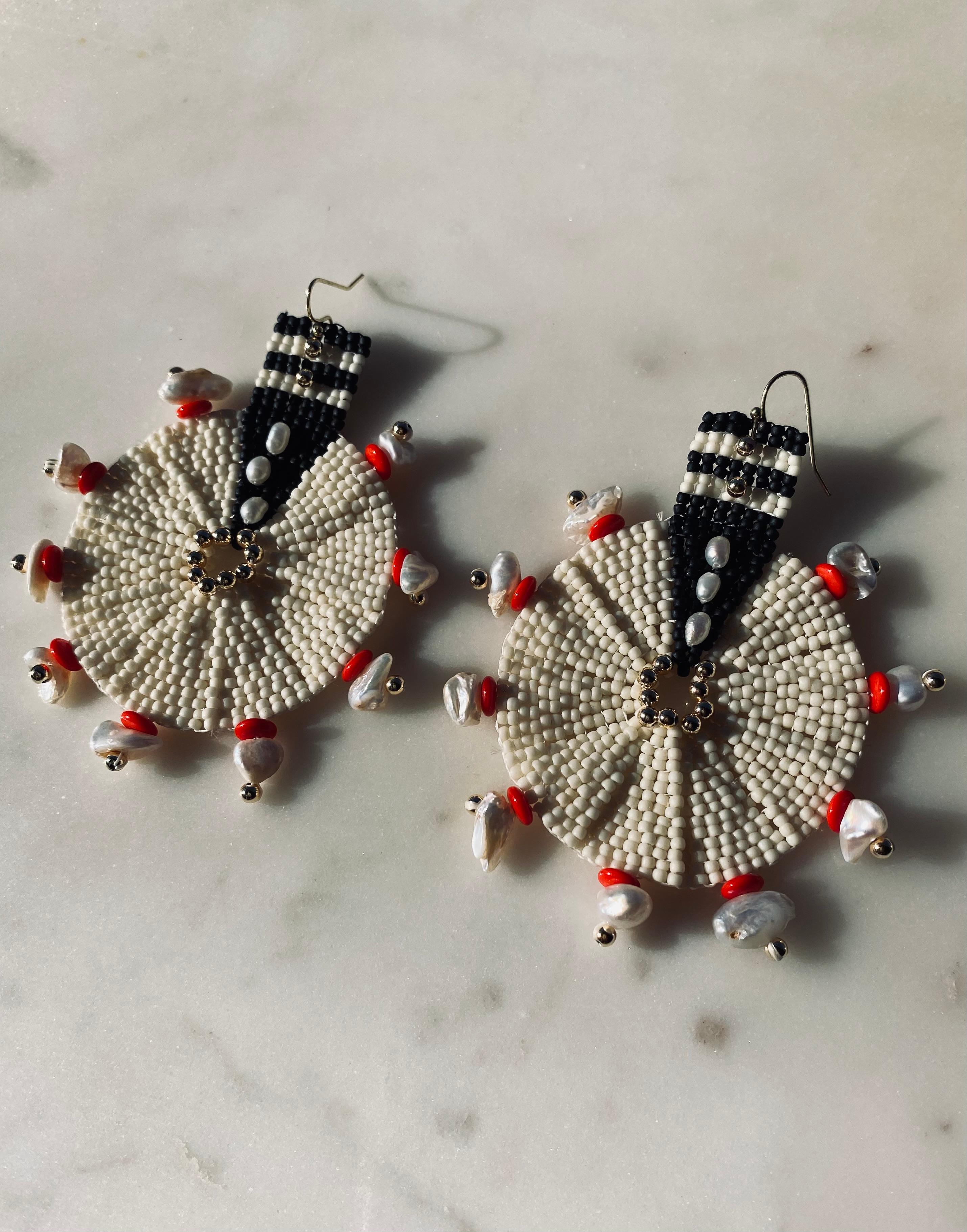 Artisan Handwoven Japanese ivory/black seed Bead Fatima Earring by Madre Hija Design For Sale