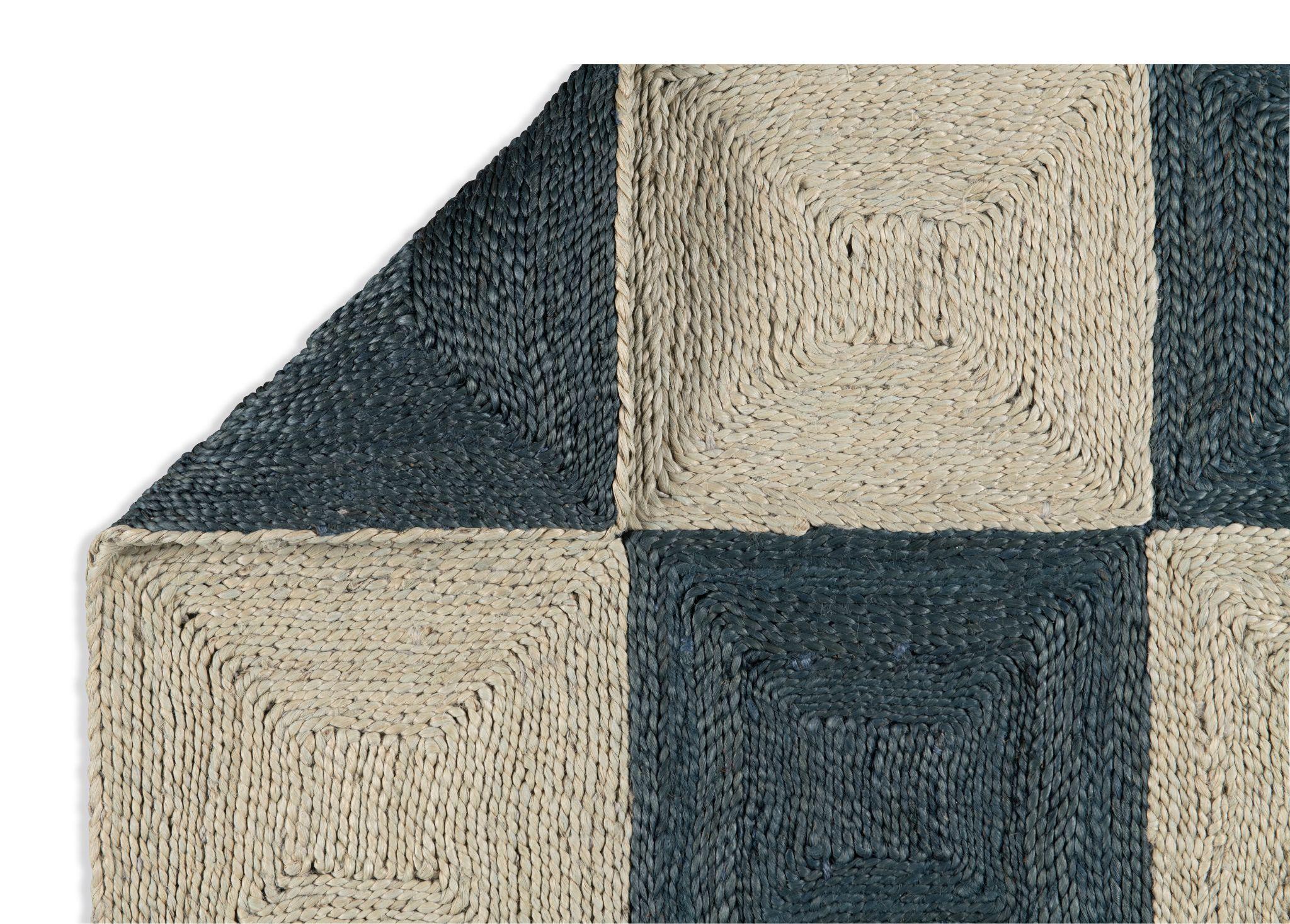 Alfombra de bloques de yute tejida a mano, 10' x 14', Azul marino y azul cielo Moderno en venta