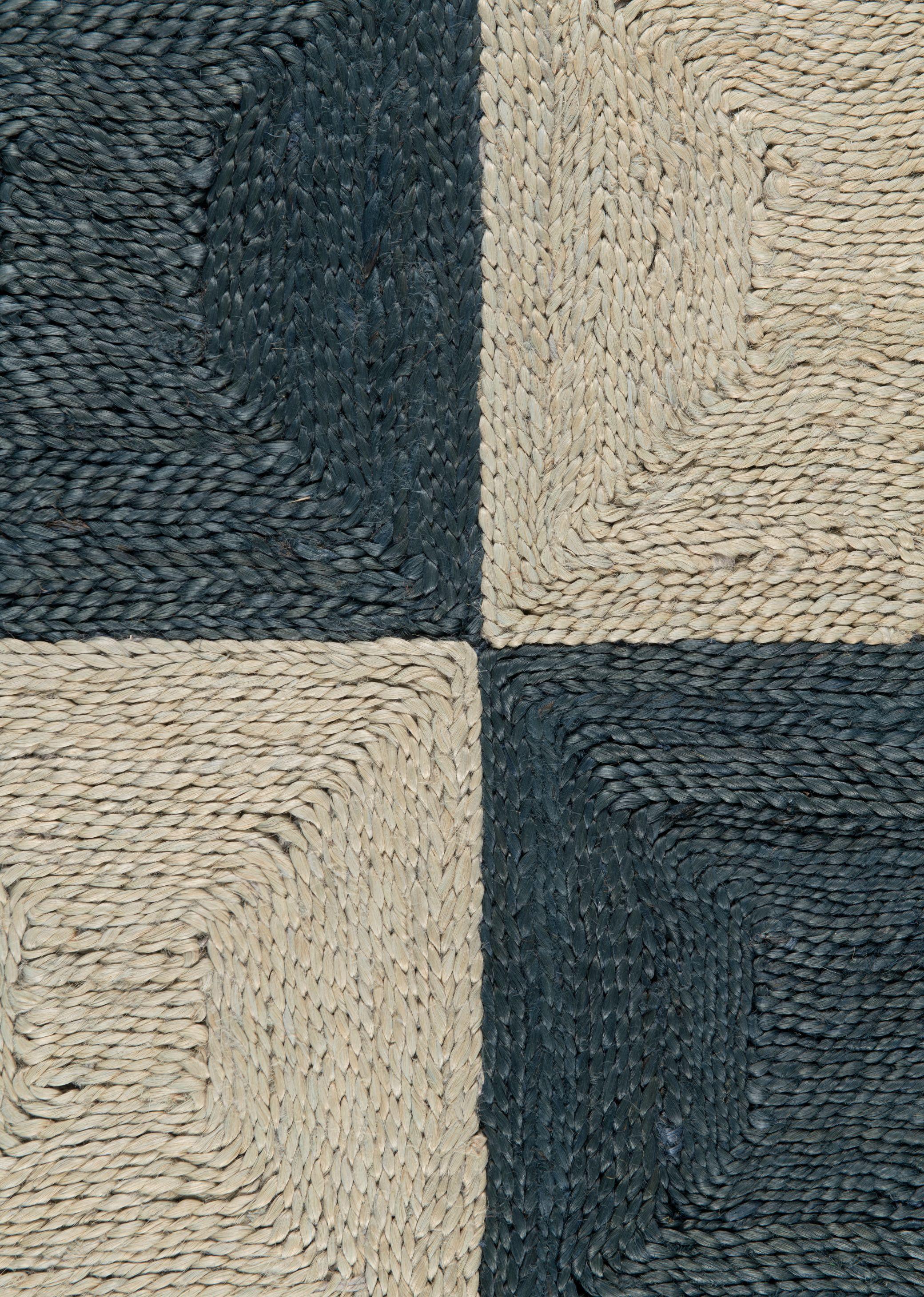 Alfombra de bloques de yute tejida a mano, 10' x 14', Azul marino y azul cielo Indio en venta