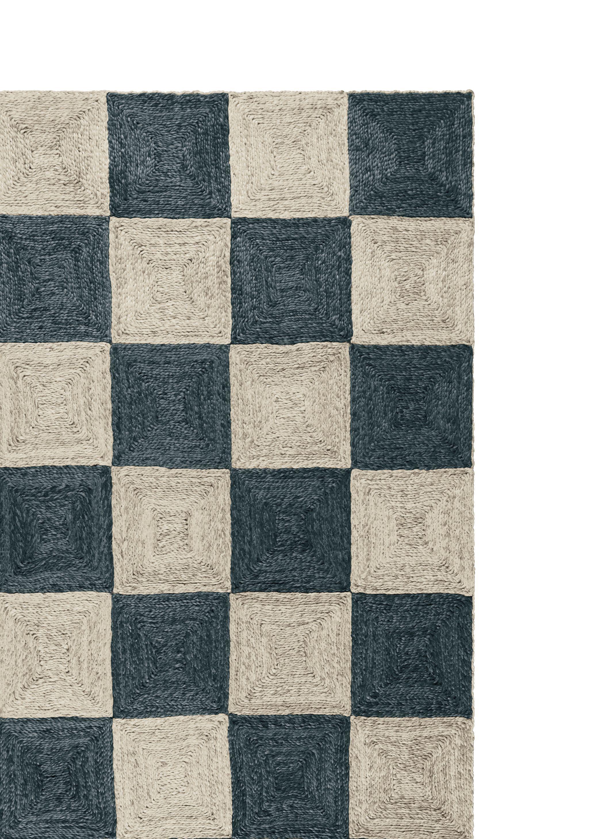 Alfombra de bloques de yute tejida a mano, 10' x 14', Azul marino y azul cielo Tejido a mano en venta