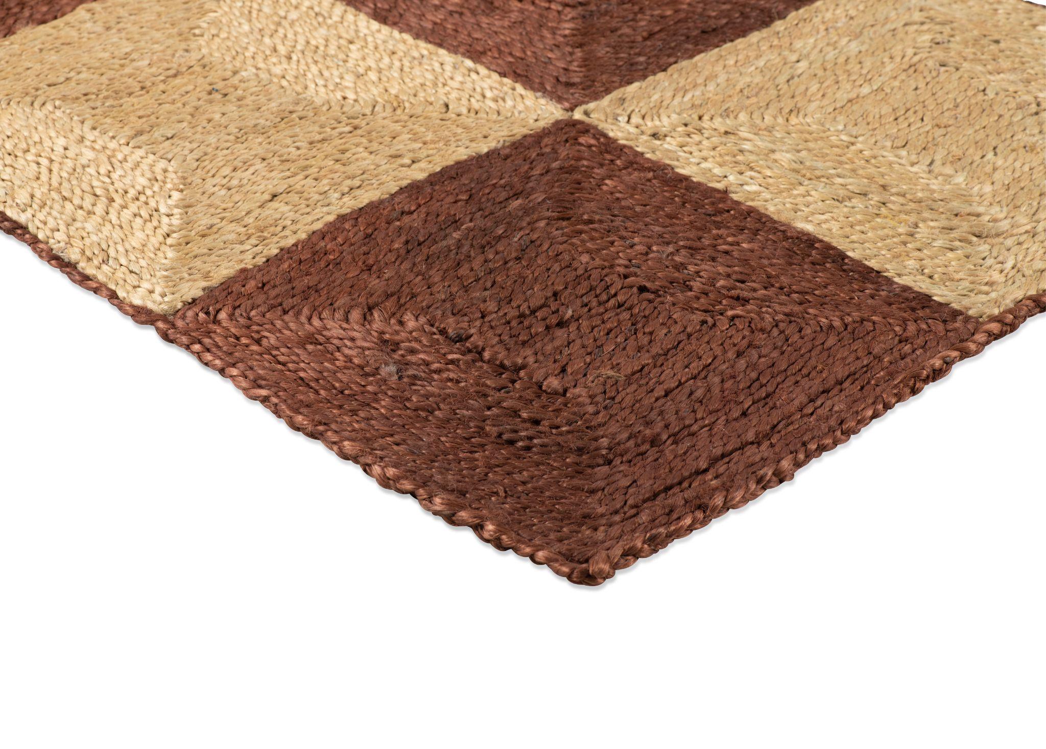 Modern Handwoven Jute Block Rug, 15' x 20', Chocolate Brown and Natural For Sale