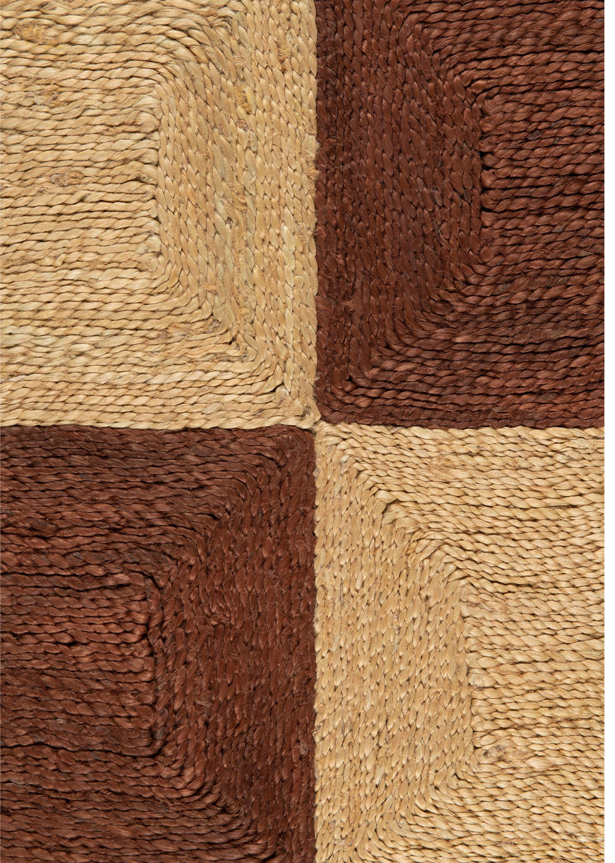 Indian Handwoven Jute Block Rug, 5'x8', Chocolate Brown and Natural For Sale