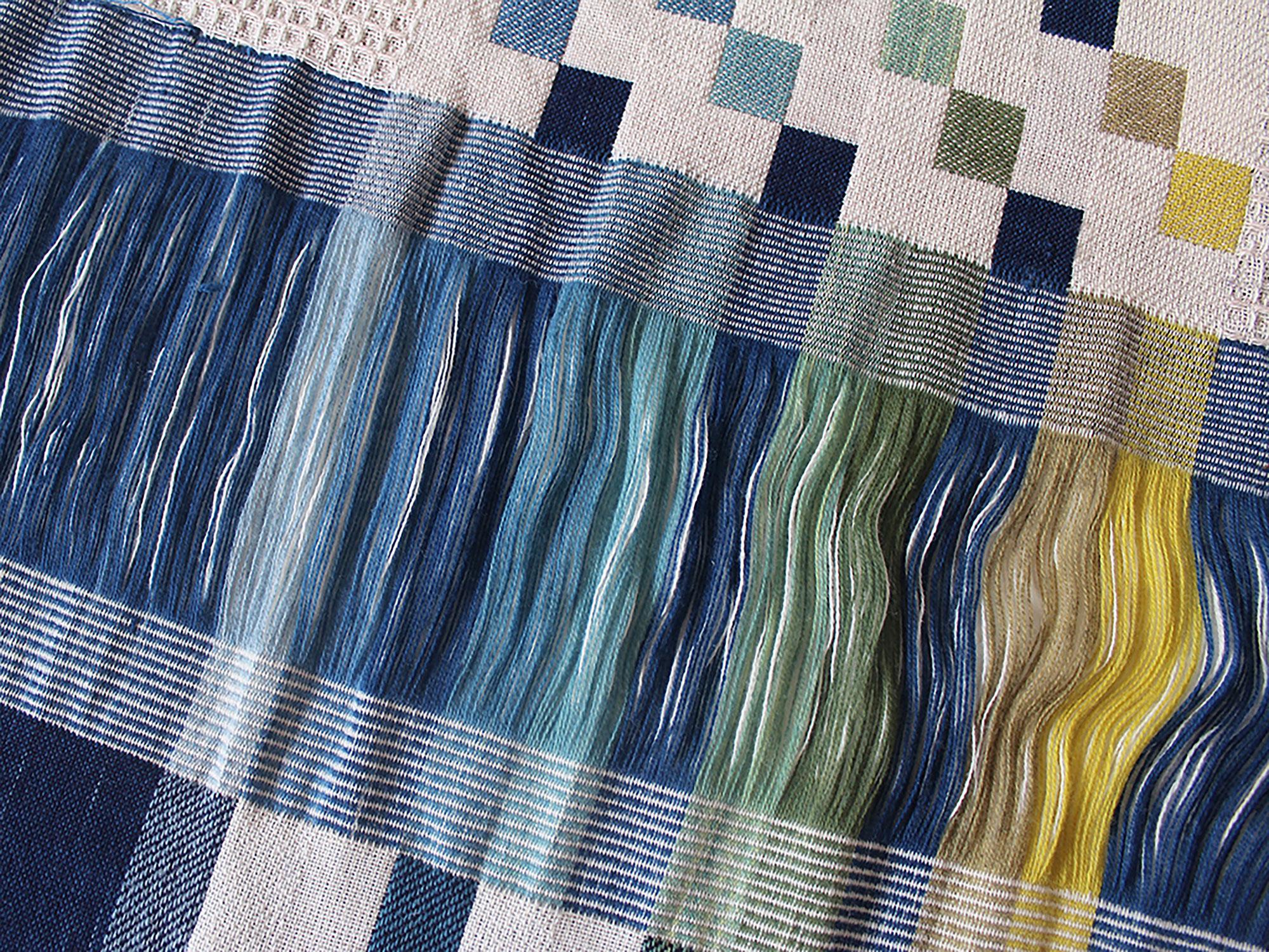 British Handwoven  Ikat Natural Indigo & Plant Dyed Fringed Artwork For Sale